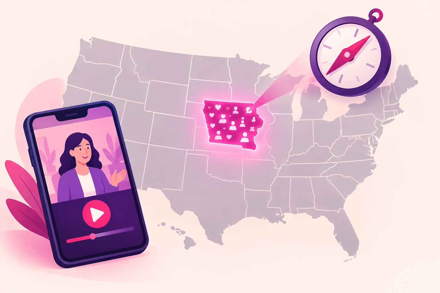 An illustration of a simplified map of the United States with a single state glowing pink and filled with small heart and person icons among faded gray states, a compass pointing at the glowing state, and a smartphone in the corner showing a therapist mid-video with a play button