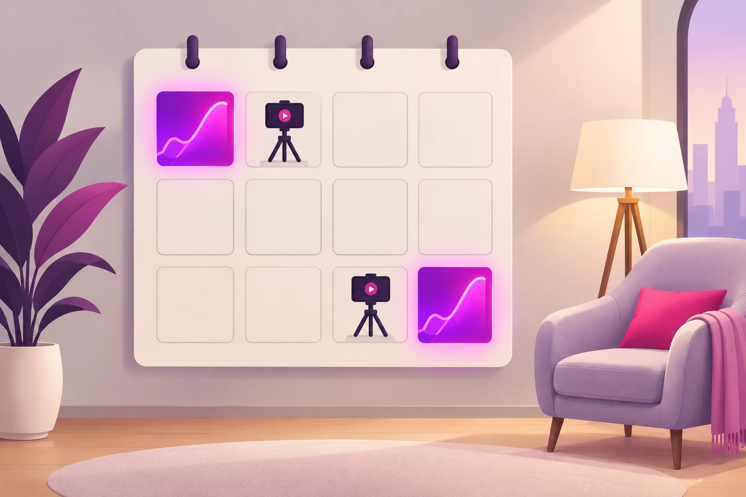 An illustration of a twelve-square wall calendar in a therapy office beside a plant, a floor lamp, and a lavender armchair, with two squares glowing pink with a rising wave shape inside them and a small smartphone on a tripod in the square next to each glowing one