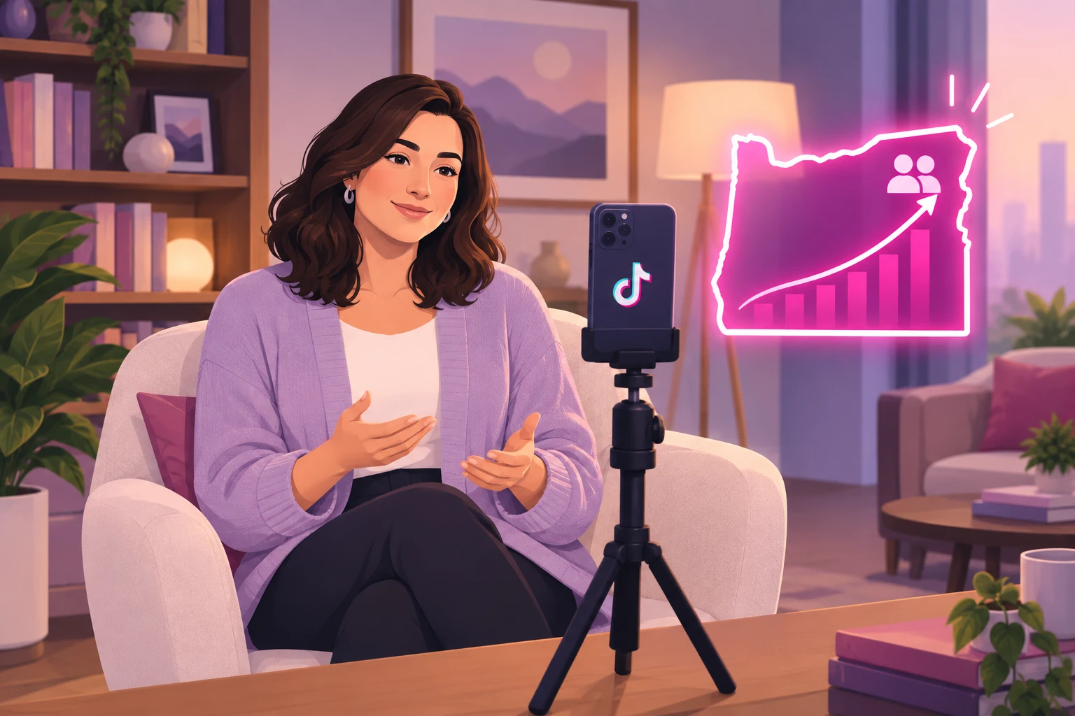 An illustration of a therapist in a lavender cardigan seated in a soft armchair in a warm counseling office, recording a video on a smartphone mounted on a small tripod, while a glowing outline of a single state with a rising follower growth curve inside it floats beside the phone