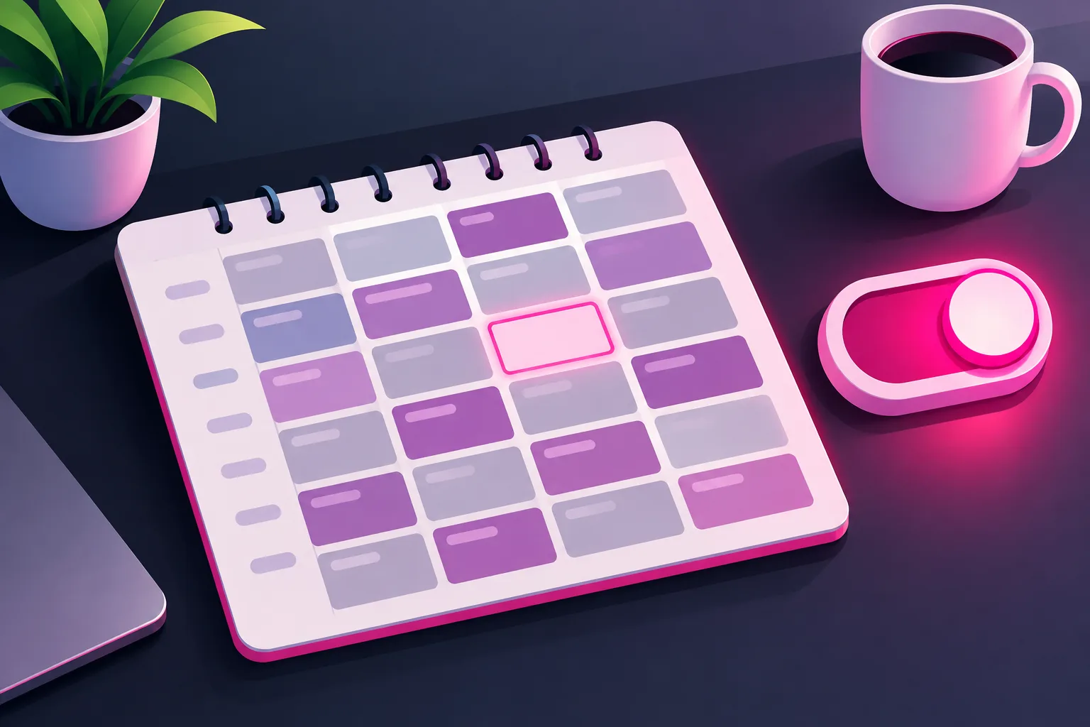 An illustration of a weekly appointment planner with most time blocks filled and one empty block glowing pink, next to a large toggle switch flipped on