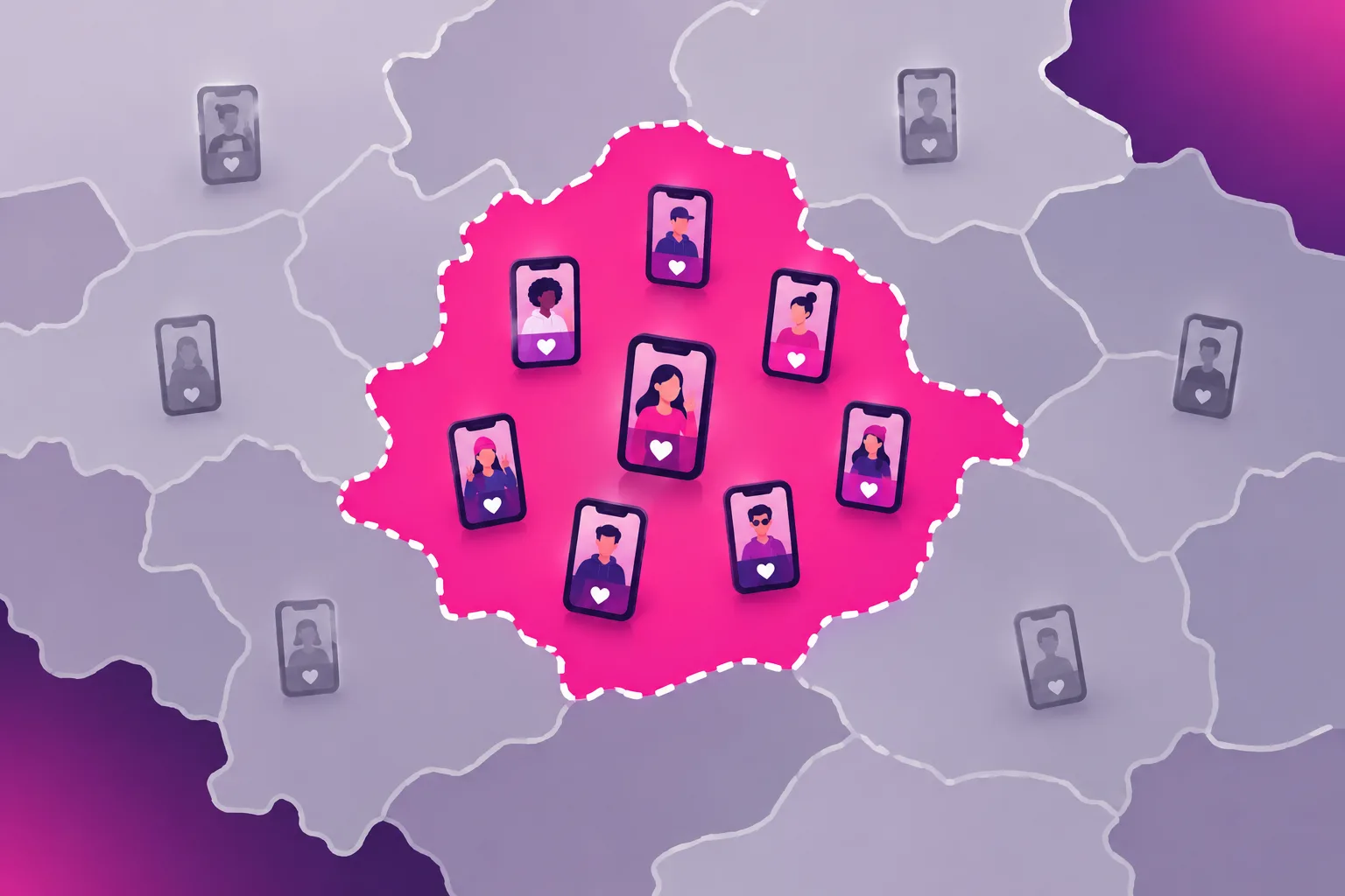 An illustration of a map with one region filled in pink and outlined with a dashed boundary, with small phone icons clustered inside it and faded ones outside