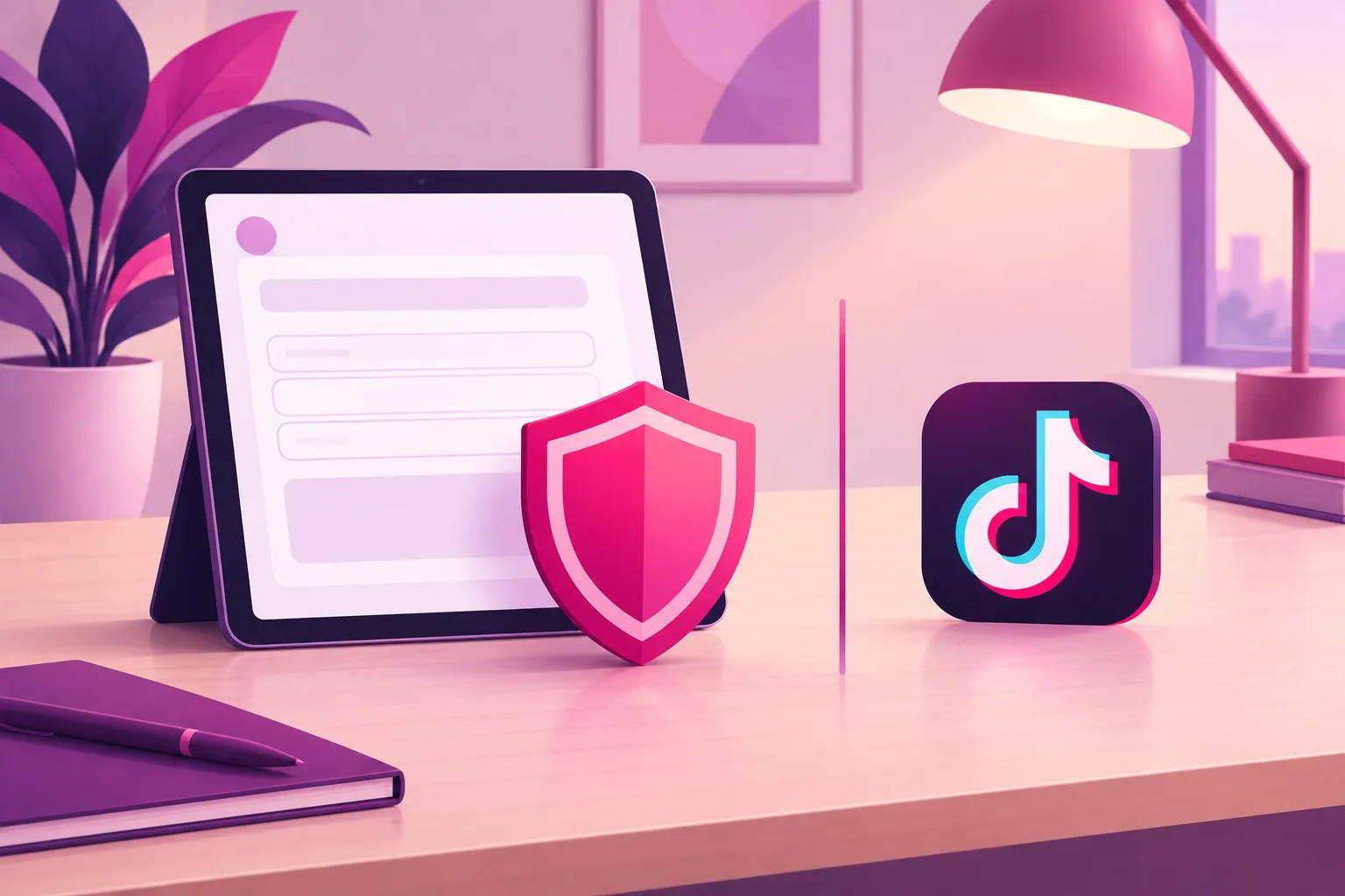 An illustration of a therapist's desk with a tablet showing a blank form protected by a shield icon, kept apart from a small social media app icon by a clear gap
