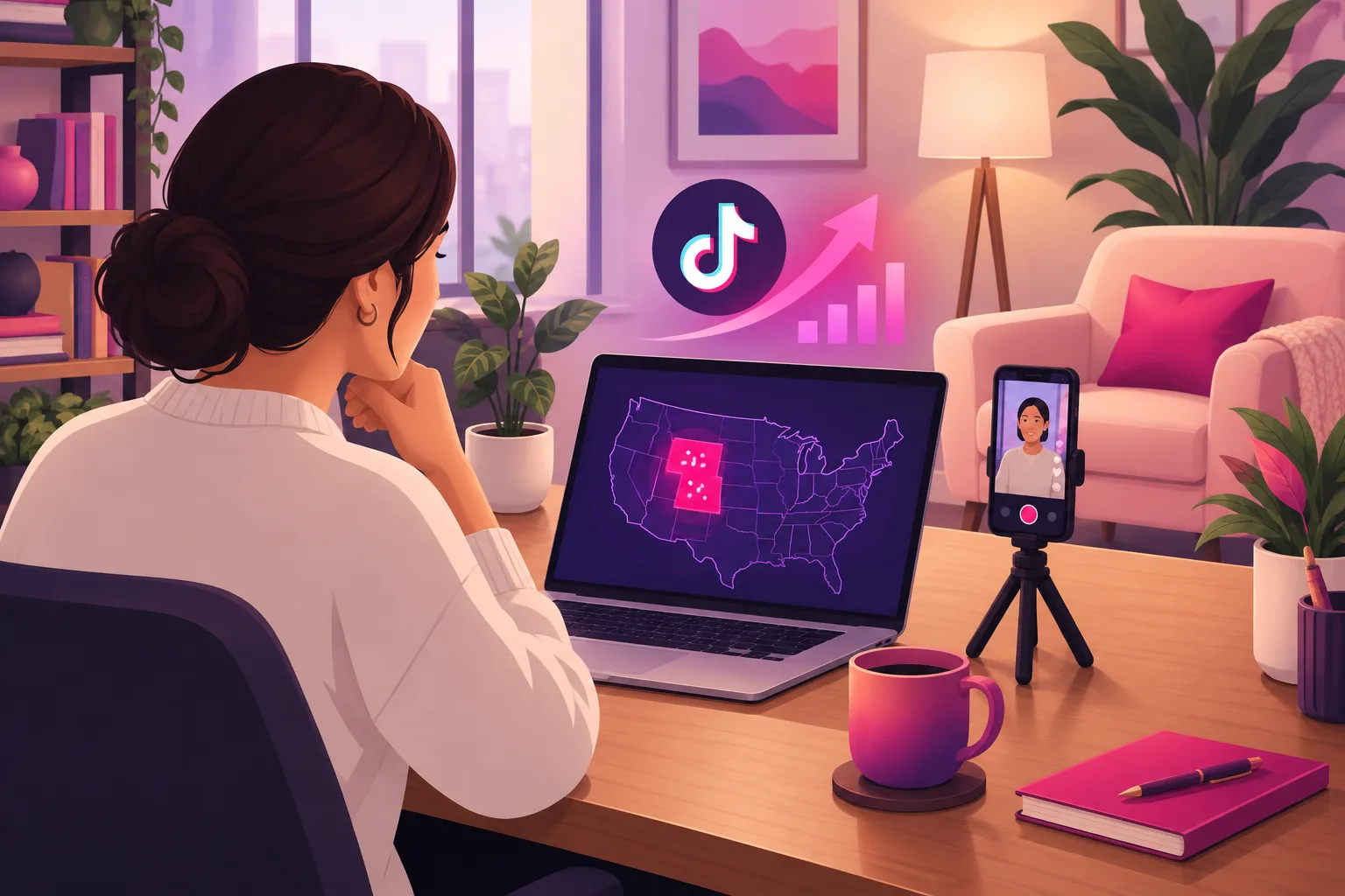 An illustration of a therapist at a desk in a calm telehealth office, looking at a laptop that shows a map with a single state highlighted in pink, with a smartphone on a small tripod beside it