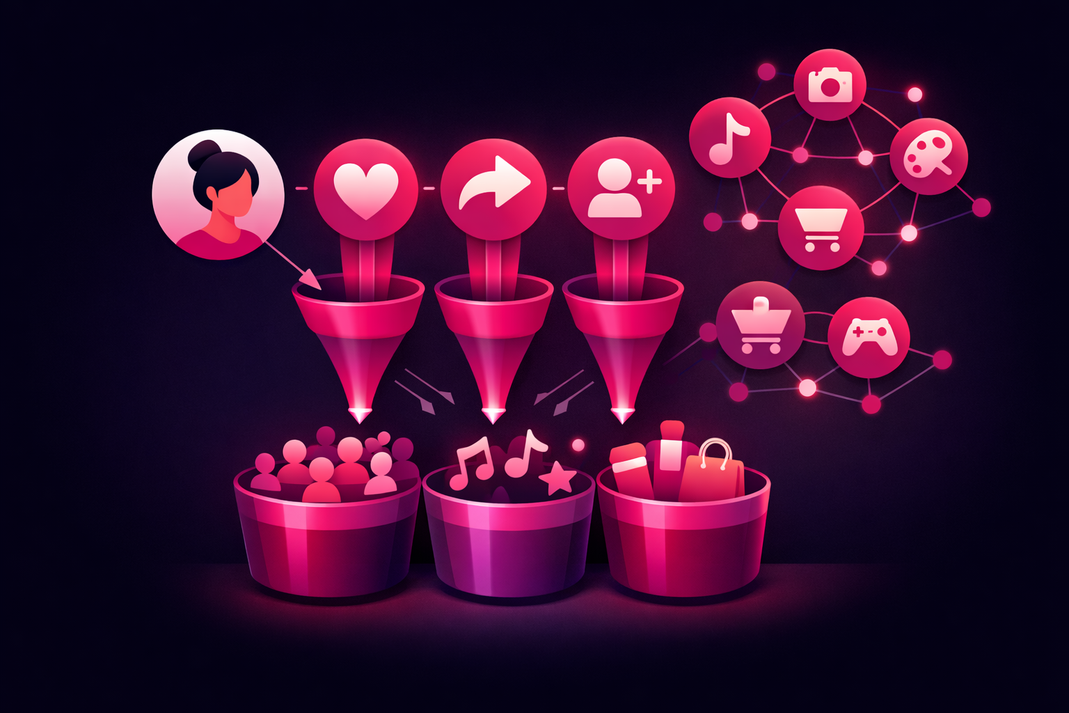 Behavioral targeting visualization showing user interactions flowing into audience segments