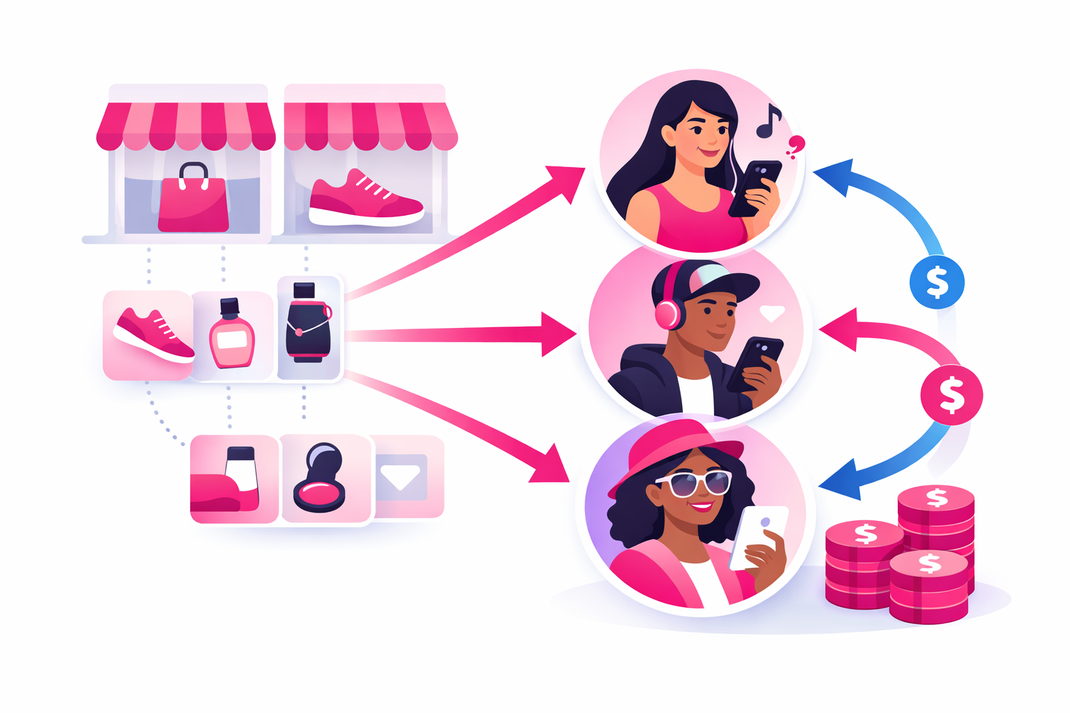 Network diagram showing e-commerce brands connecting with multiple TikTok creators through affiliate partnerships with commission flow