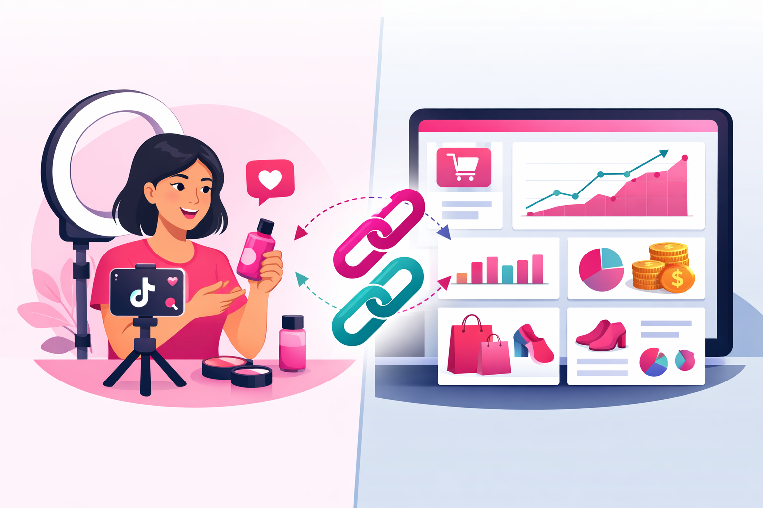 Split screen showing a TikTok creator filming product reviews connected to an e-commerce sales dashboard through affiliate links