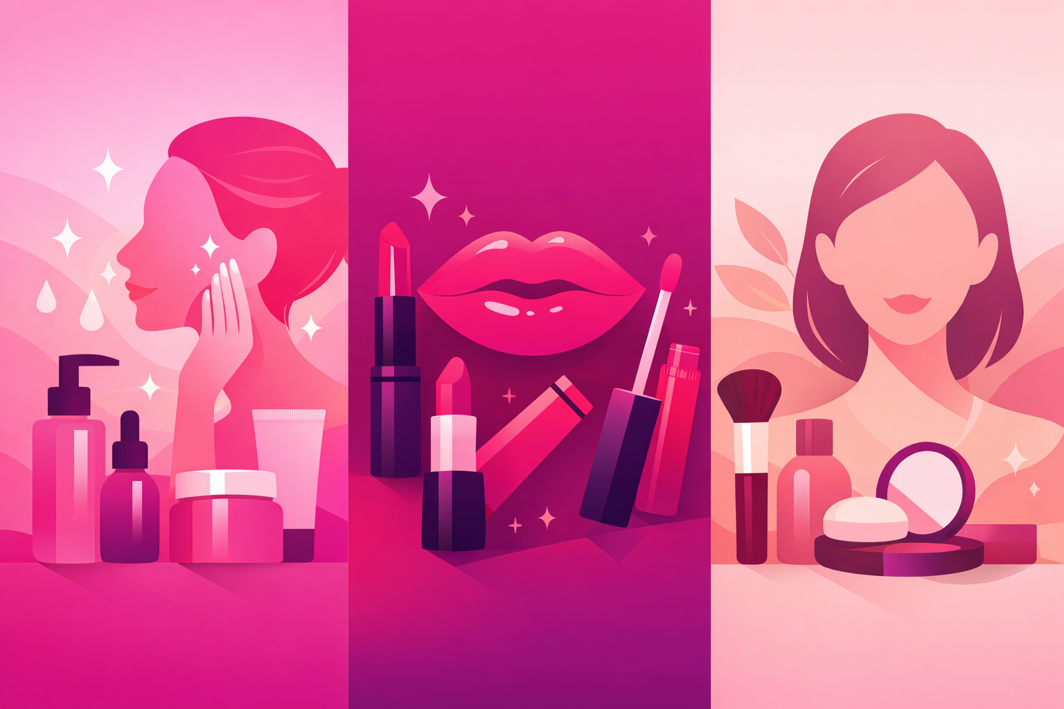 Beauty trend categories - glass skin routine, bold lip looks, and natural no-makeup makeup styles