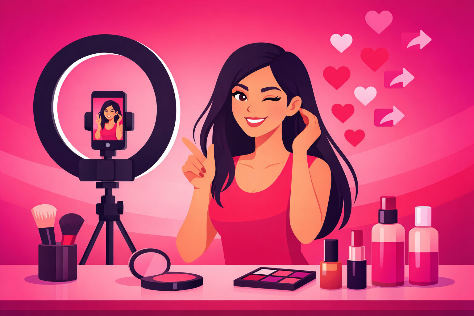 Beauty creator filming a trending TikTok video with ring light and beauty products