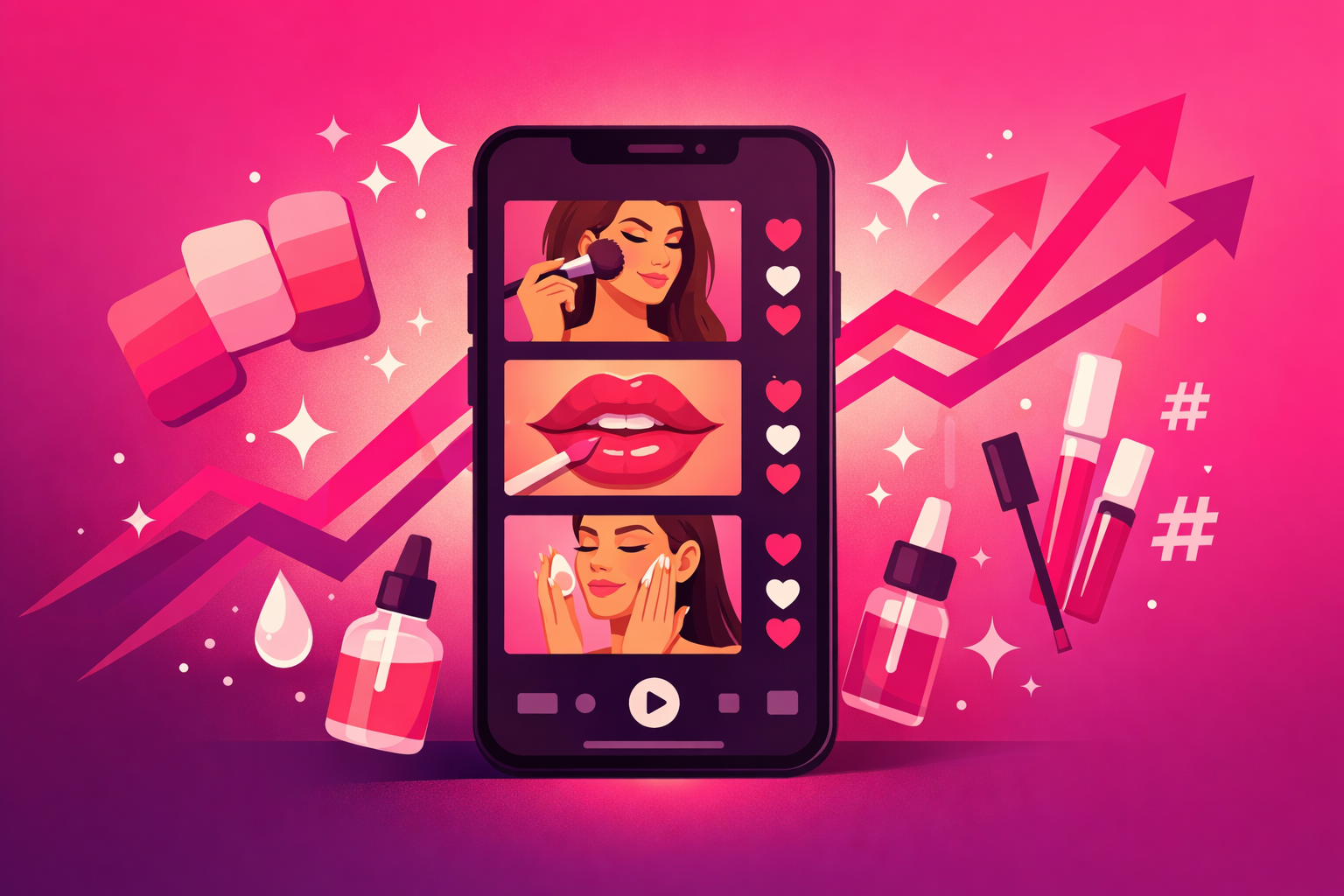 TikTok beauty trends 2025 - phone showing viral beauty content with trending icons and beauty products
