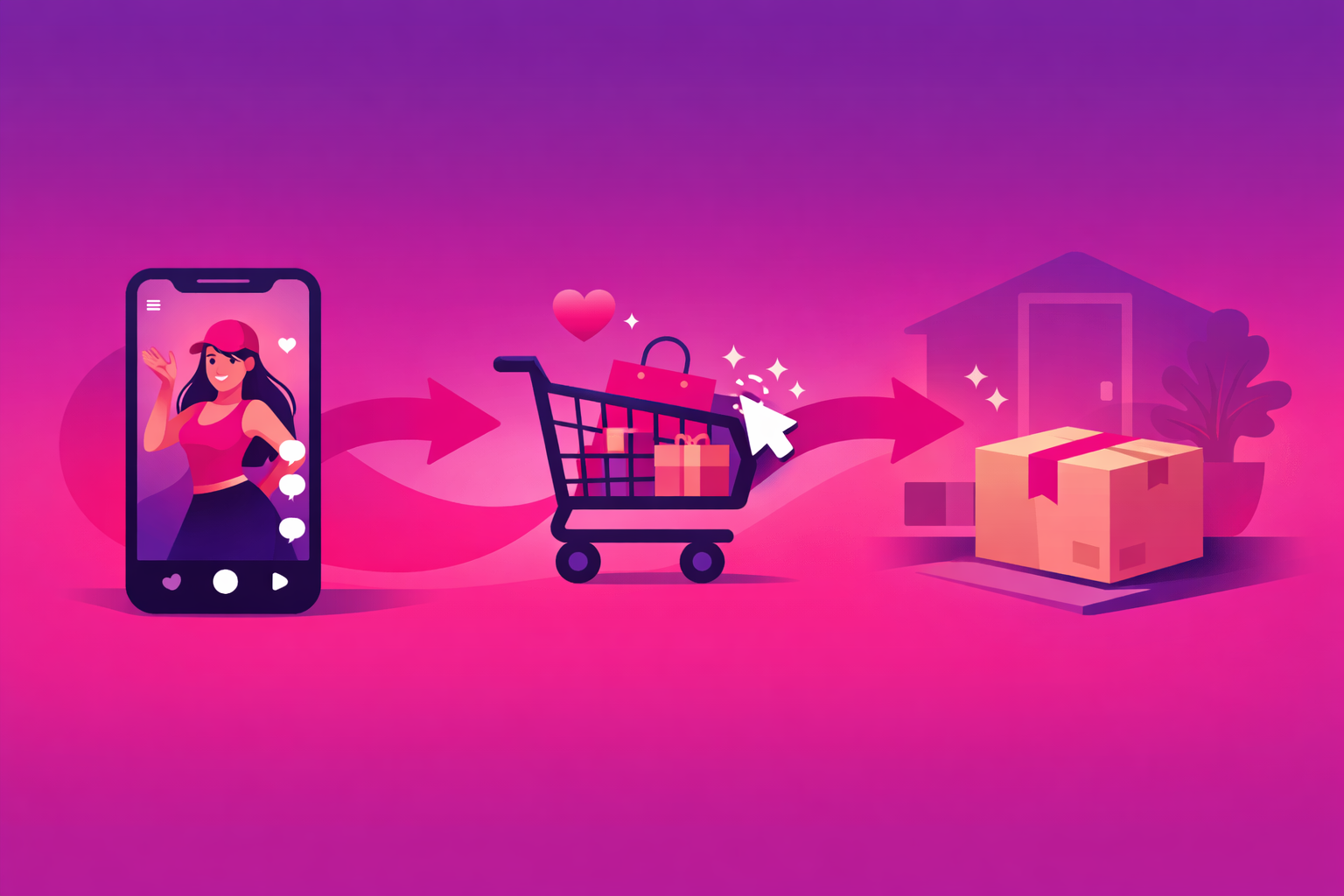 Visual journey from TikTok video to online purchase showing the e-commerce conversion path