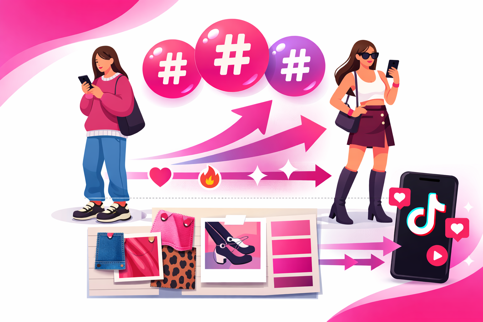 Fashion trend cycle on TikTok with mood board aesthetic, fabric swatches, and color palettes