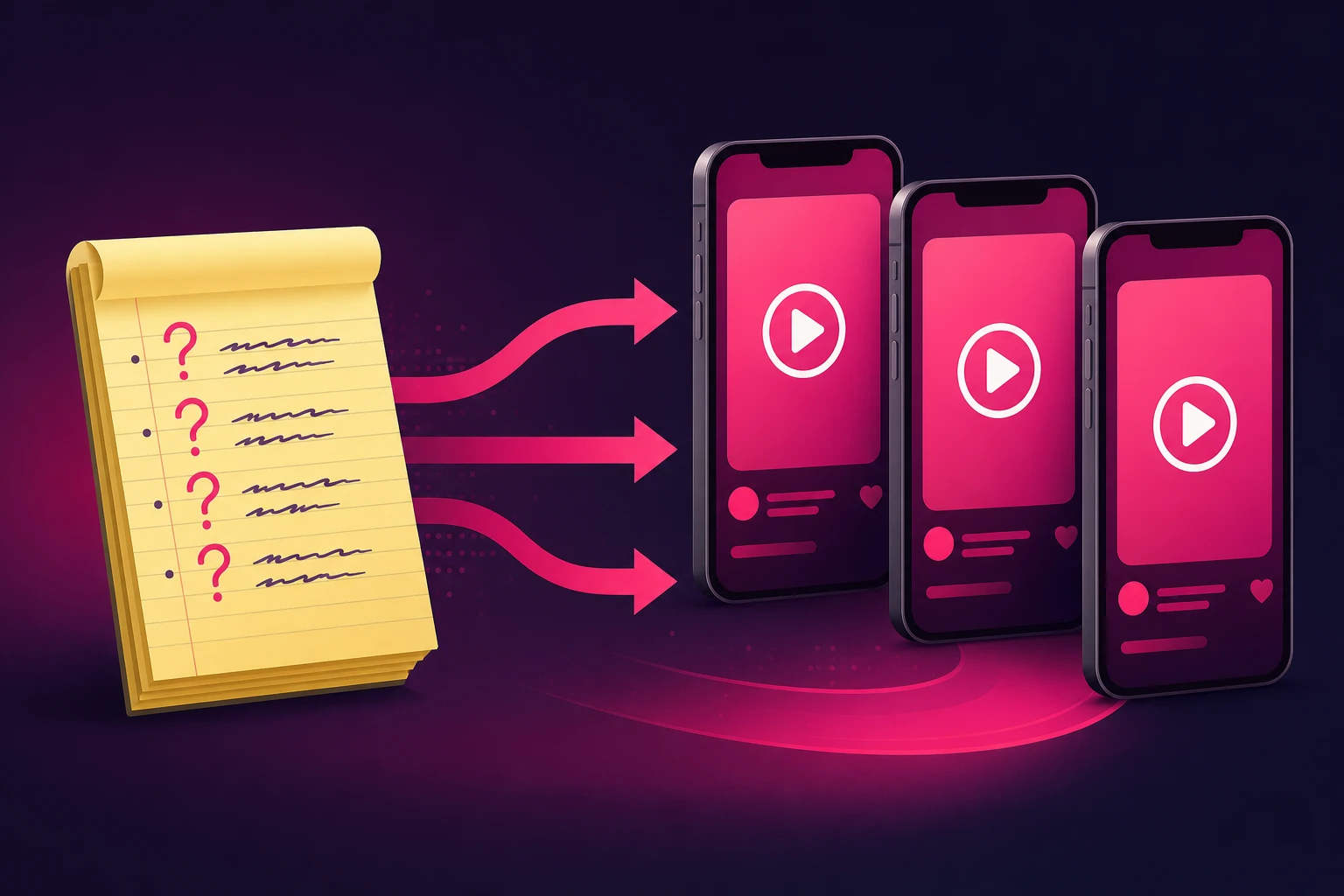 A yellow legal pad covered in handwritten question marks and notes, with arrows flowing into three vertical phone screens showing video play buttons, illustrating how a log of client questions becomes a week of TikTok videos