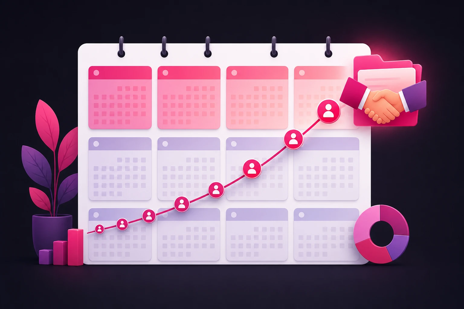 A twelve-month calendar illustration with the first four months highlighted in pink and a rising curve of follower icons climbing across the months toward a handshake beside a client file folder, representing the seasonal demand calendar for an accounting practice