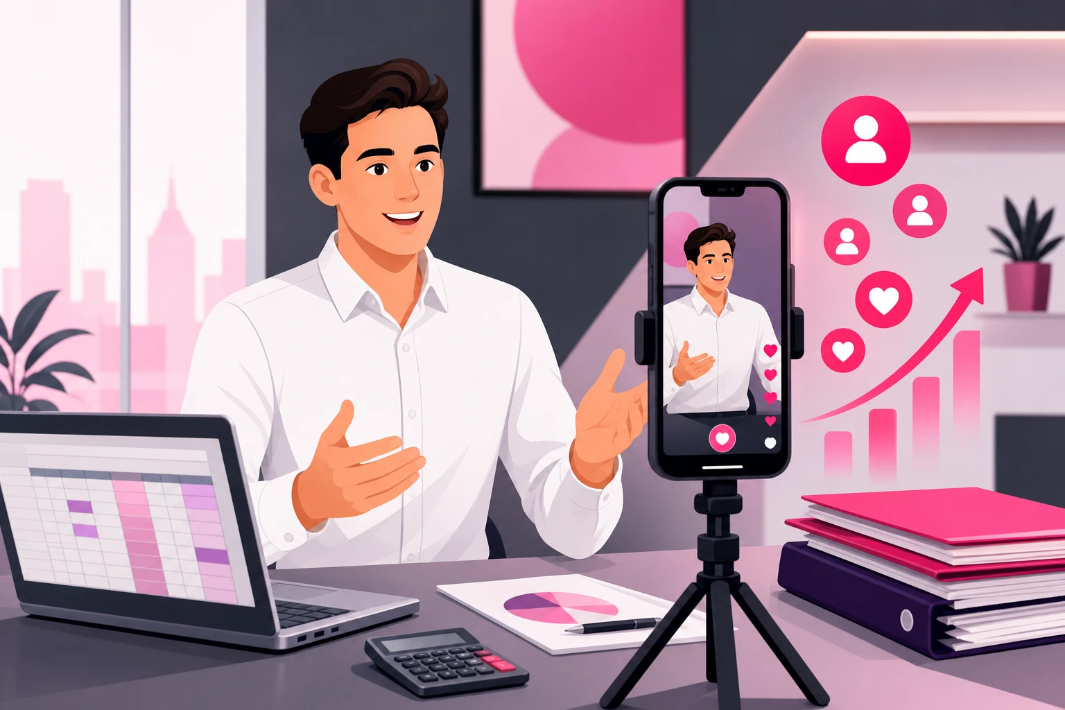 An accountant in a white button-down shirt recording a short vertical video on a smartphone mounted on a tripod in a bright modern office, with a laptop showing a spreadsheet, a desk calculator, and a stack of file folders on the desk, and rising follower icons floating beside the phone