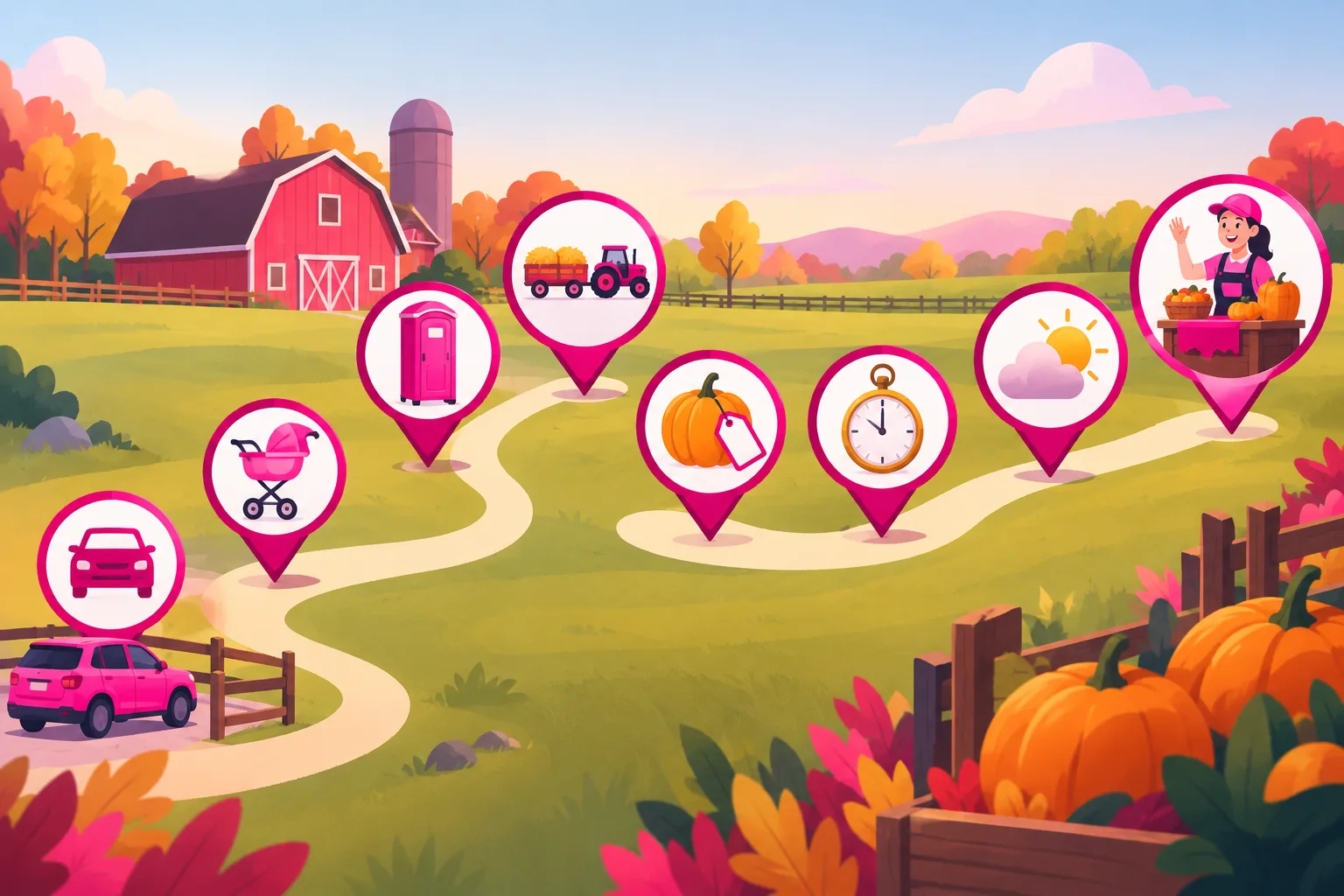 An illustration of a farm visit laid out as a winding path across a field with simple markers along it in order: a parked car by a fence, a stroller, a portable restroom, a hay wagon behind a tractor, a small pumpkin with a blank price tag, a pocket watch, a rain cloud with the sun behind it, and a young farmer in a pink cap waving at the end of the path beside a farm stand table