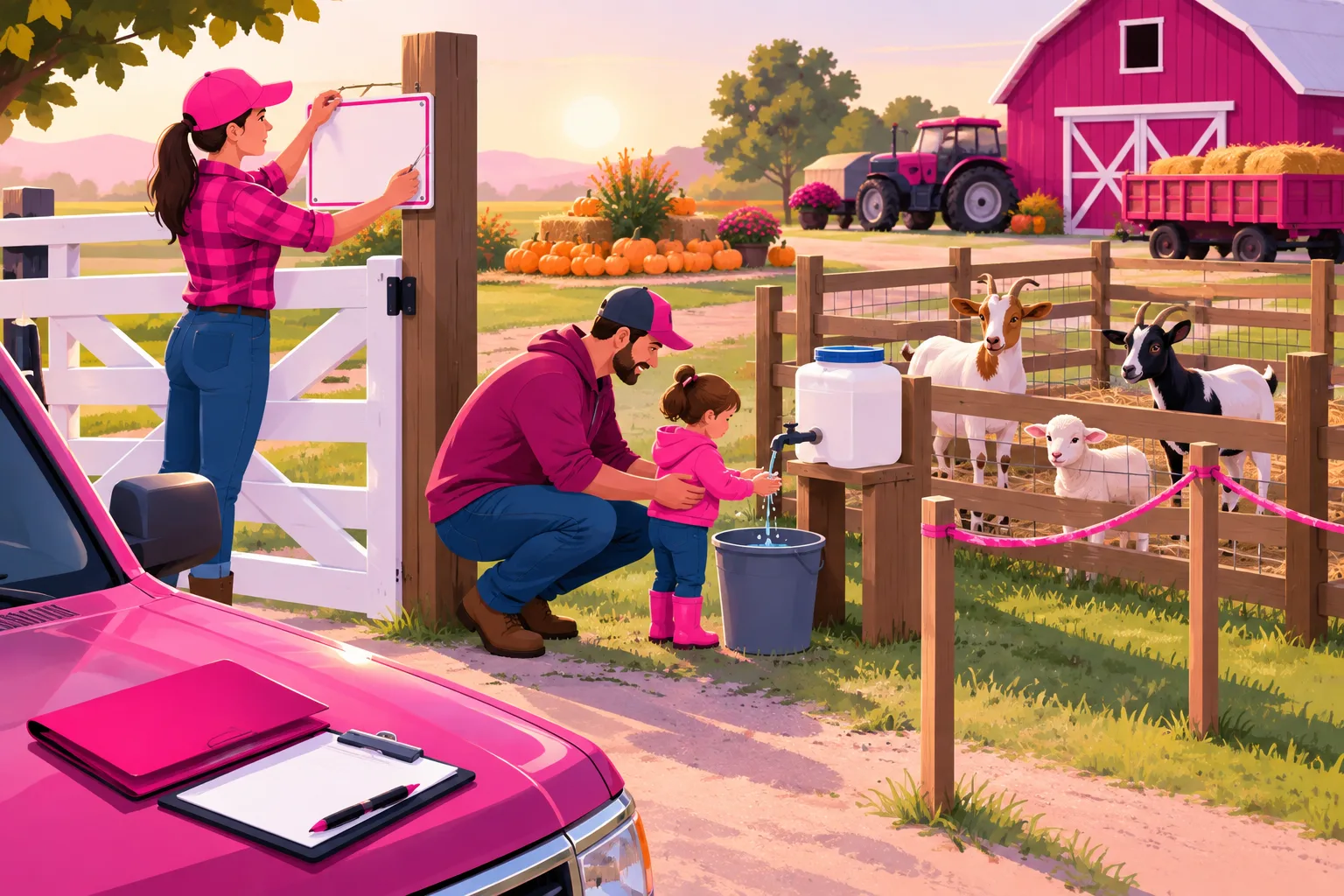 An illustration of opening morning at a farm gate: a young woman farmer in a pink cap fastening a blank sign board to the post of a white farm gate, a father crouching to help a toddler wash hands at a simple hand-washing station beside a petting pen with two goats and a lamb, a rope line on wooden stakes marking off a barn and parked equipment, an insurance folder and a clipboard on the hood of a pickup truck, and pumpkins and a hay wagon in the morning light behind them