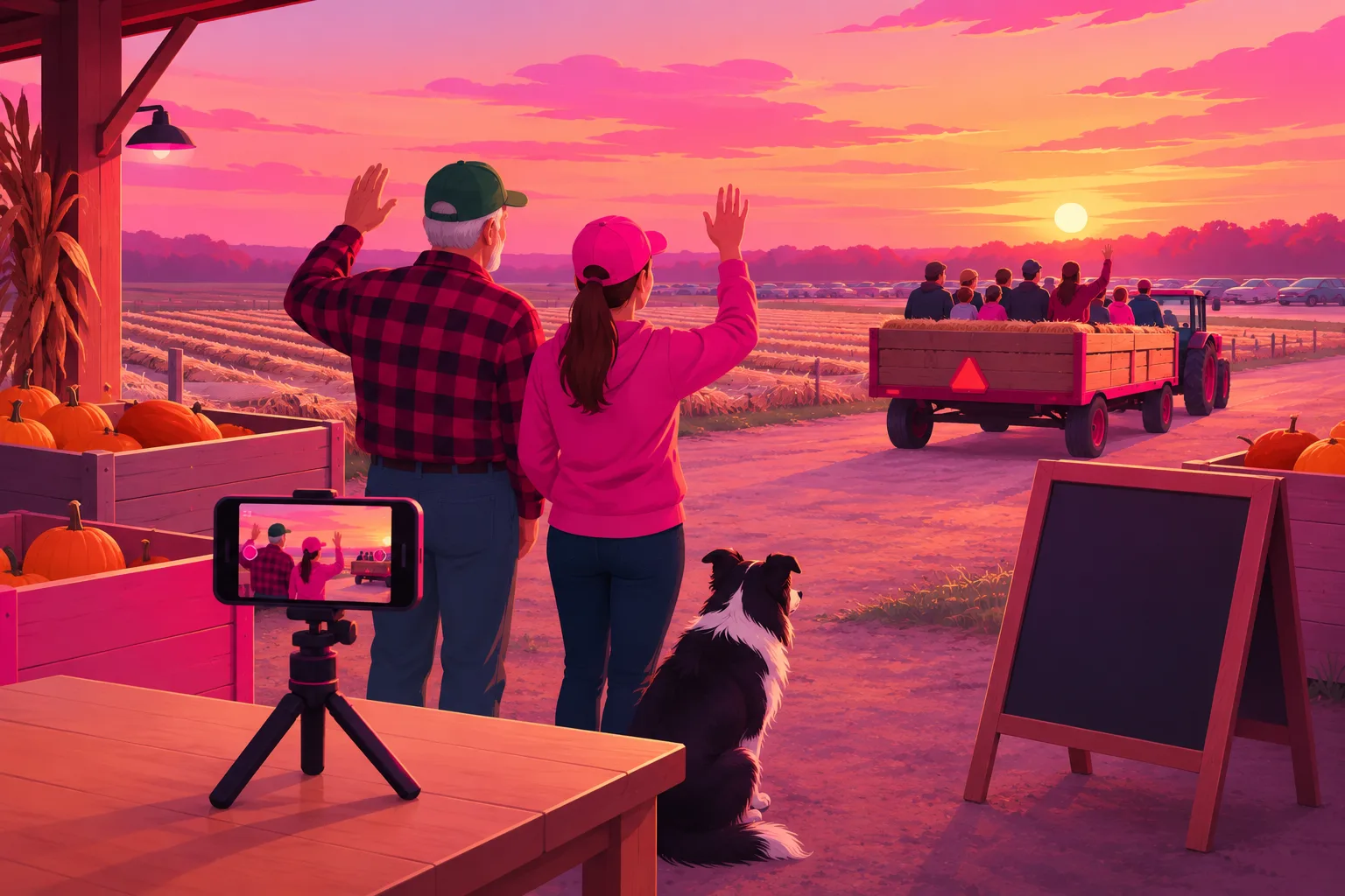 An illustration of dusk on the last weekend of the fall season at a family farm: an older farmer in a flannel shirt and green cap and a young woman in a pink cap waving goodbye to the last hay wagon of families heading toward the parking field, a phone on a small tripod on the entrance table filming the two of them, nearly empty pumpkin bins, a blank chalkboard on an easel, a bare strawberry field with straw-covered rows under a pink and gold sunset, and a border collie at their feet