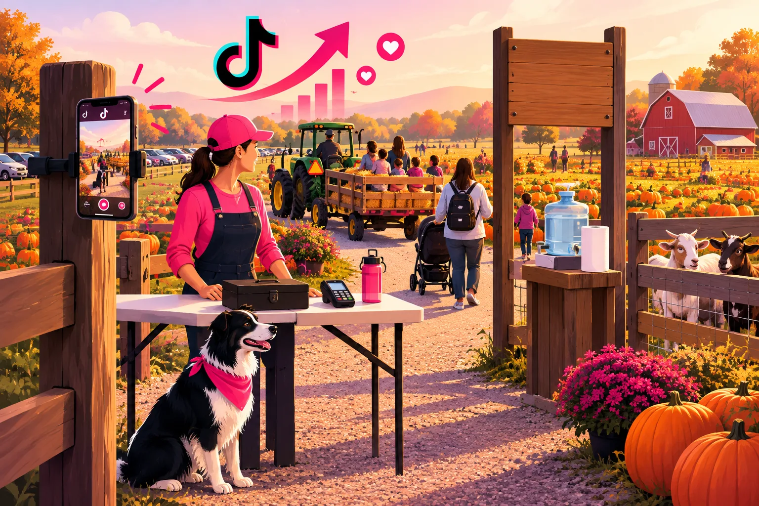 An illustration of a fall Saturday morning at a family farm's pumpkin patch seen from the entrance: a young woman farmer in a pink cap at a folding entrance table with a cash box and card reader, a phone clamped to a fence post beside her, a green tractor pulling a hay wagon of parents and children in from a mown parking field, a parent pushing a stroller on a gravel path, a blank sign board on the gate post, a hand-washing station beside a small petting pen with two goats, rows of orange pumpkins, a border collie by the table, and a red barn in the distance
