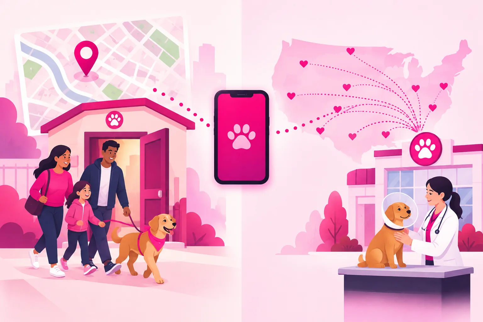 A split illustration with a family walking a newly adopted dog out of a shelter doorway beneath a city map with a location pin on the left, and a borderless outline map dotted with pink hearts flowing toward a veterinary clinic where a dog in a cone collar is examined on the right, connected by a smartphone in the center