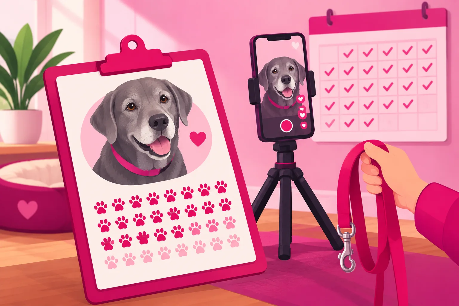 An illustration of a clipboard holding a kennel card with a drawing of a gentle grey senior dog and rows of paw-print stickers marking days, beside a smartphone on a tripod and a volunteer hand holding a red leash, with a wall calendar full of checkmarks in the background