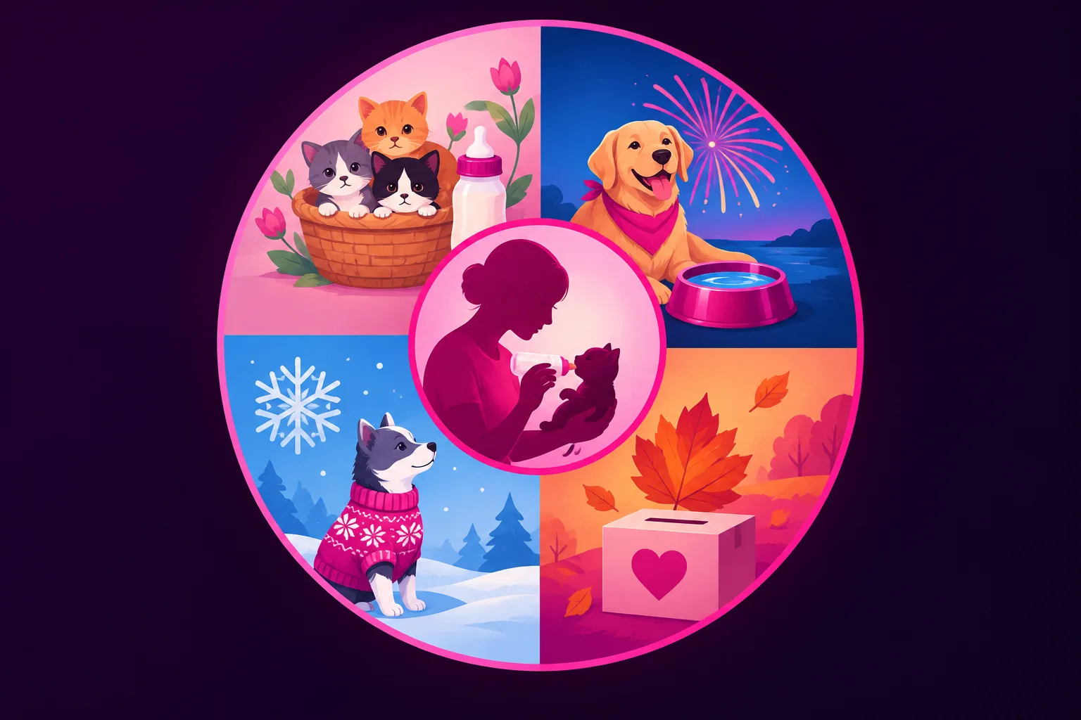 An illustration of a circular year wheel divided into four seasons, with a basket of kittens and a baby bottle for spring, a dog beside a water bowl under fireworks for summer, autumn leaves beside a donation box with a heart for fall, and a dog in a knit sweater beside a snowflake for winter, with a foster parent silhouette bottle-feeding a kitten in the center