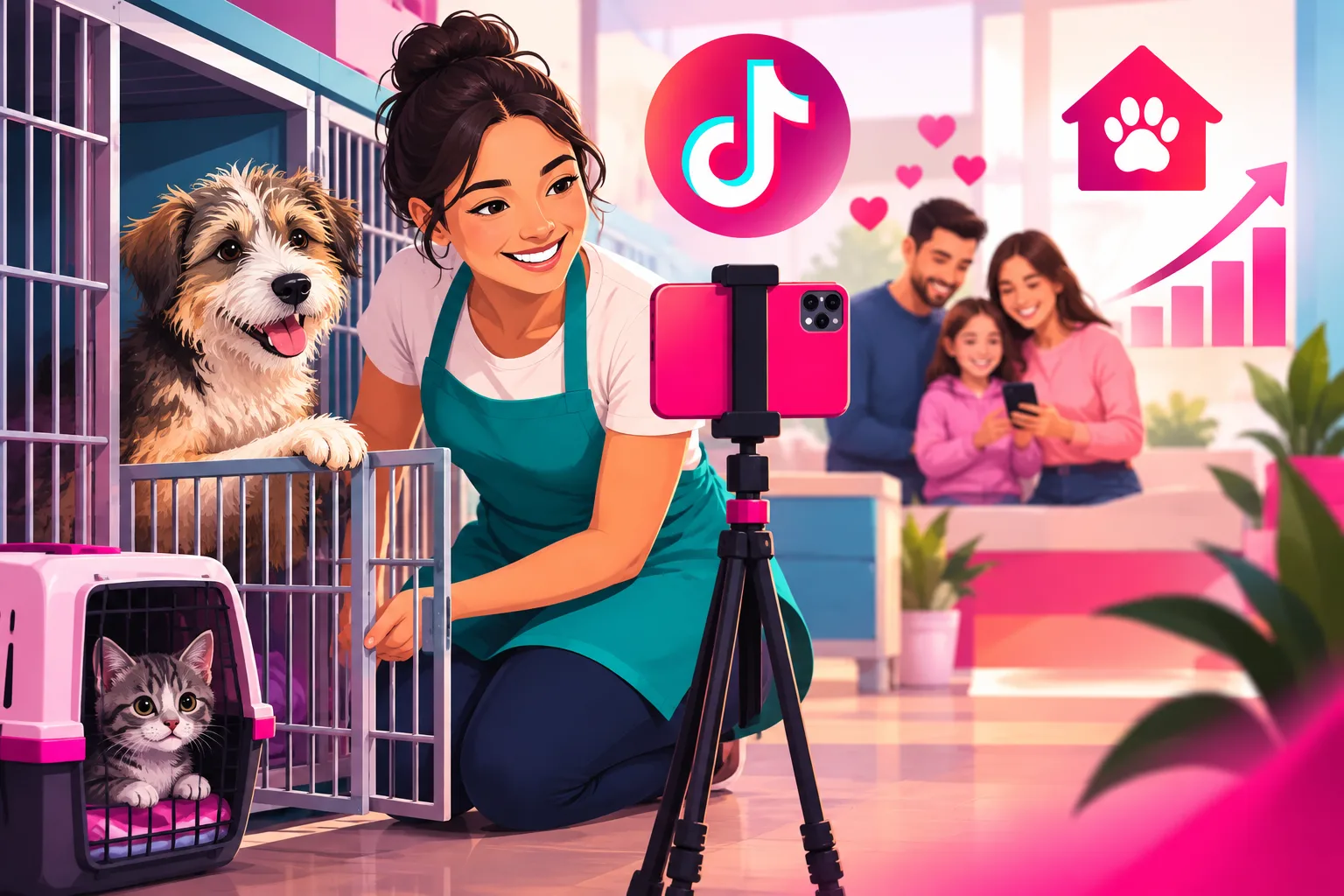 An illustration of a smiling animal shelter volunteer in a teal apron kneeling beside an open kennel, recording a short vertical video on a smartphone mounted on a tripod, while a scruffy mixed-breed dog rests a paw on the kennel door and a kitten peeks out of a carrier, with a family looking at a phone together in the background under floating pink hearts, a house icon with a paw print, and a rising chart