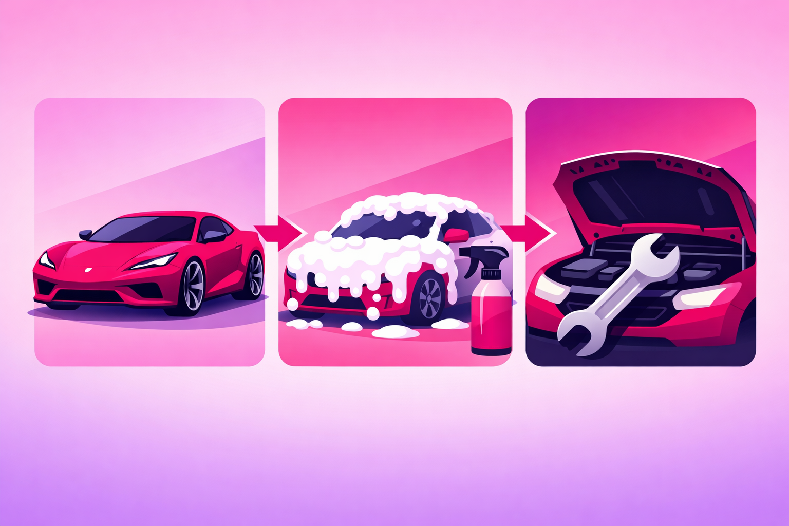 A flat illustration showing three automotive creator lanes side by side - a sleek sports car for reviews, a foam-covered car with a detailing spray bottle, and a wrench with an open car hood for DIY repair - connected by minimal pink arrows on a soft pink and purple gradient background