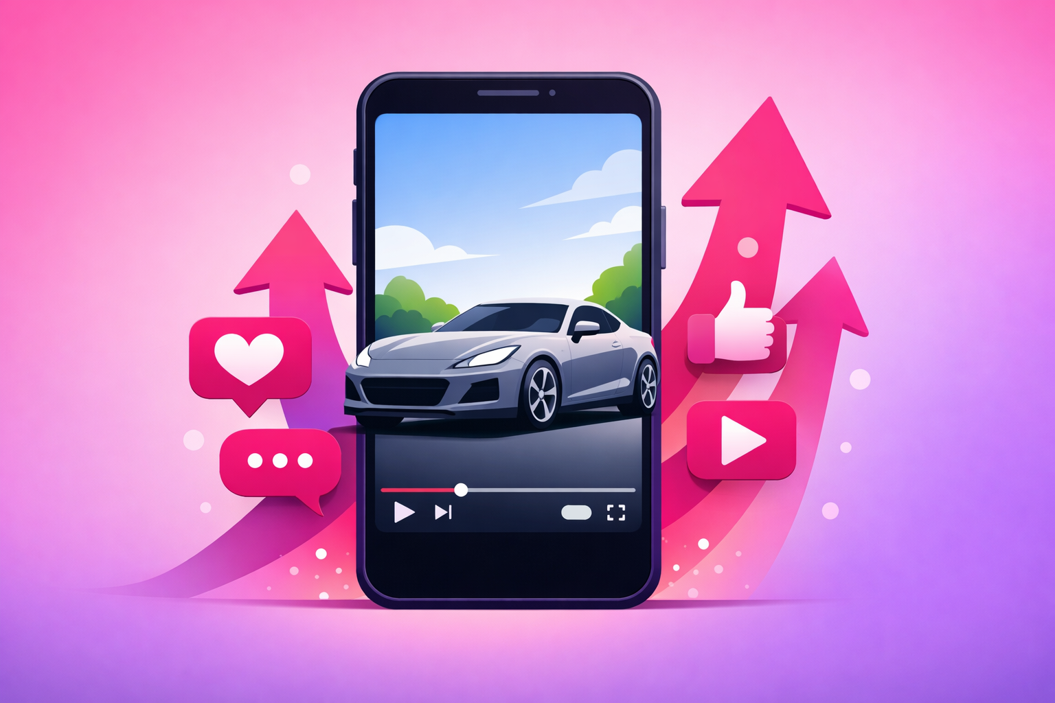 A car review video clip displayed on a vertical smartphone screen surrounded by engagement icons and upward growth arrows signaling viral momentum, on a soft pink and purple gradient background