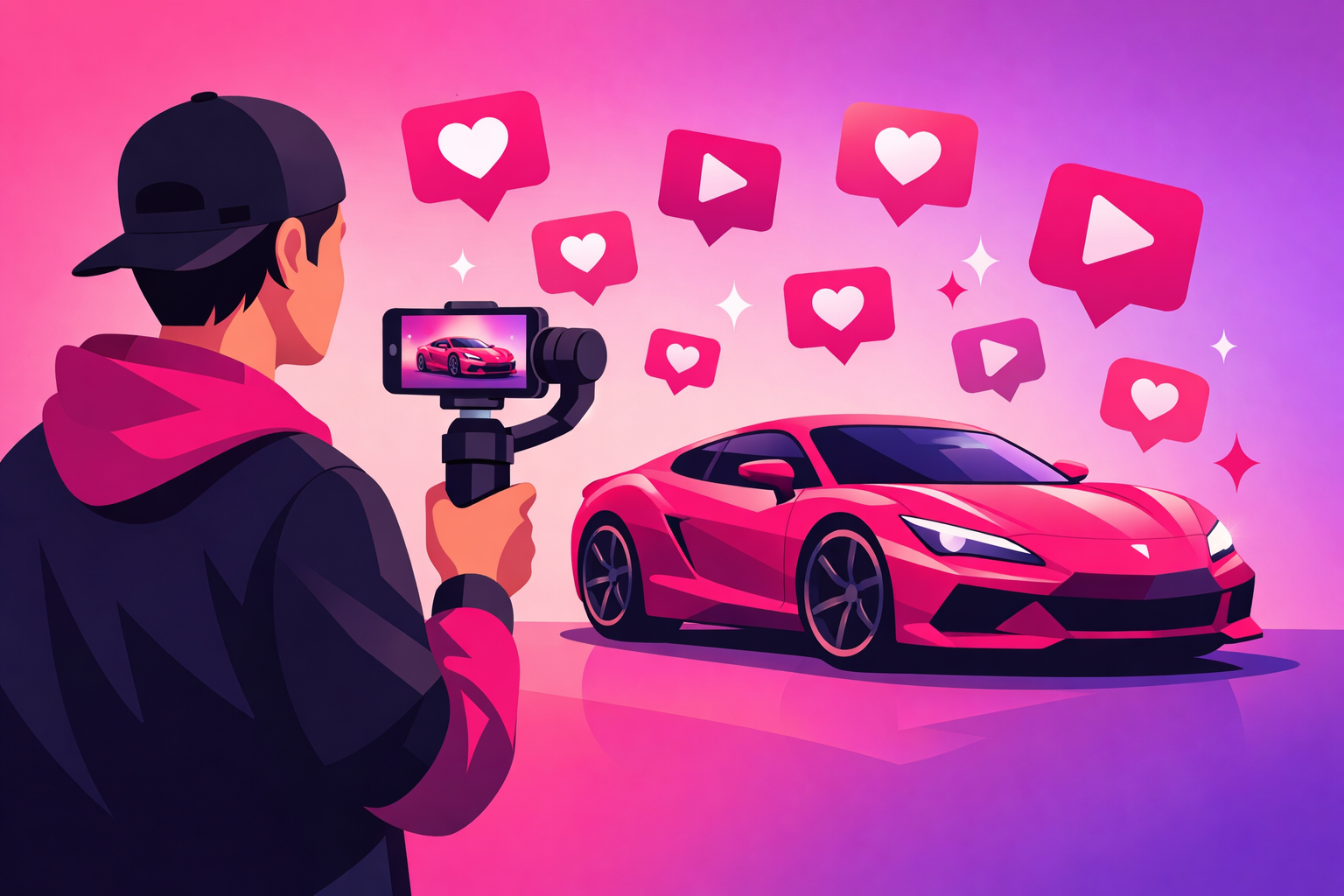 An automotive content creator filming a glossy red sports car with a smartphone mounted on a gimbal, surrounded by floating heart and play engagement icons, on a soft pink and purple gradient background