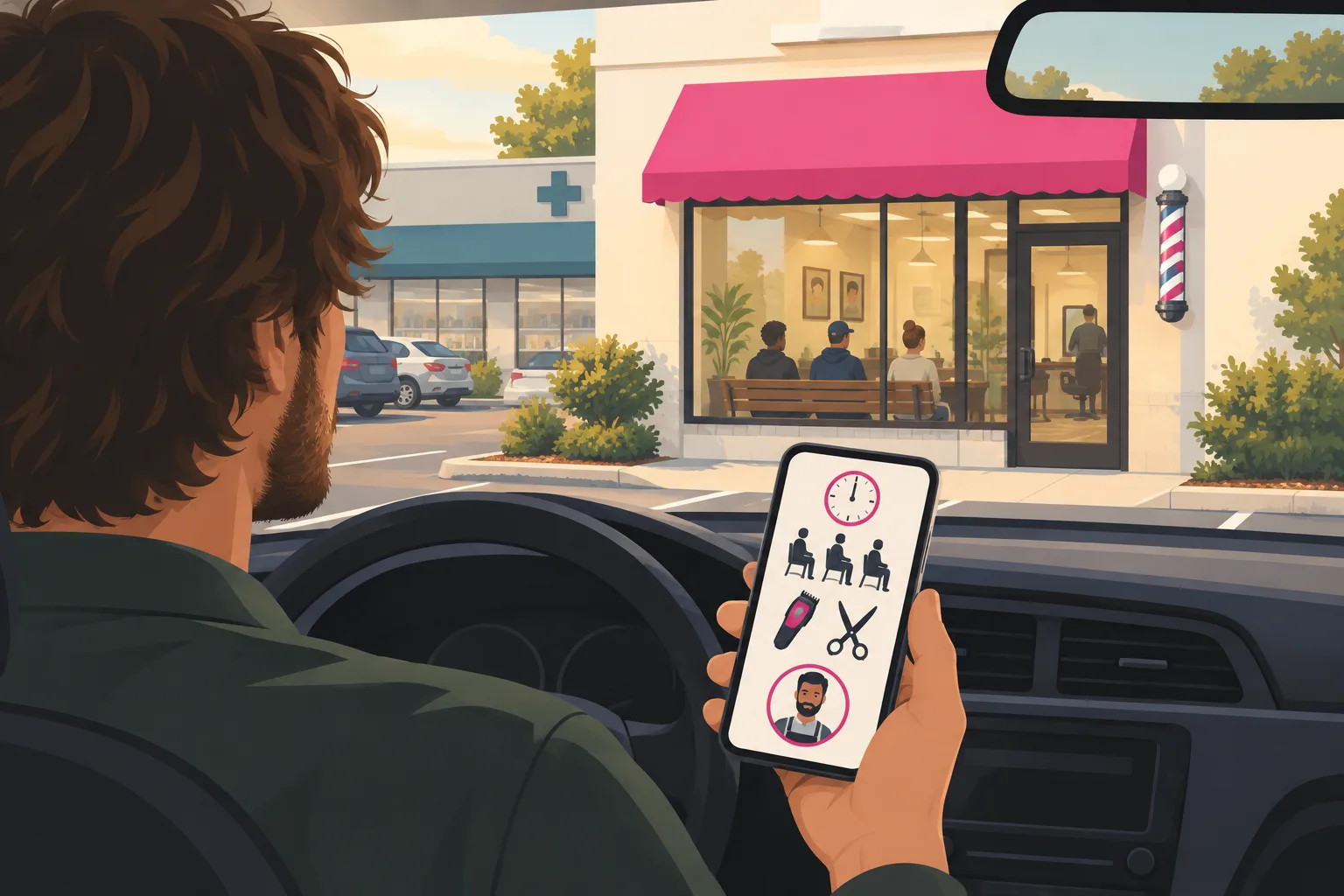 An illustration of a man with grown-out hair sitting in his parked car in the lot behind a pharmacy, looking through the windshield at a barbershop door with a pink awning and a bench of waiting people visible through the window, his phone showing a simple screen of pictograms: a clock, three seated silhouettes, clippers and scissors, and a round portrait of a barber