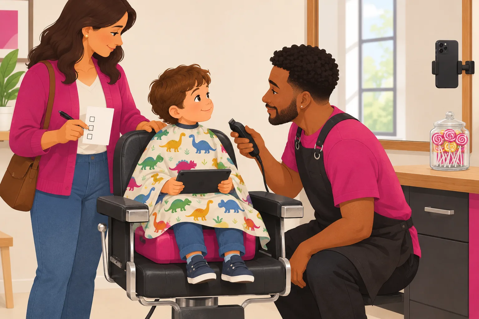 An illustration of a first haircut at a barber chair: a small child on a booster seat in a dinosaur-print cape holding a tablet, a kind barber with clippers kneeling to eye level, the parent standing beside the chair with a hand on the child's shoulder and a small blank card with three checkboxes in the other hand, a phone clamped to the mirror edge, and a jar of lollipops on the counter