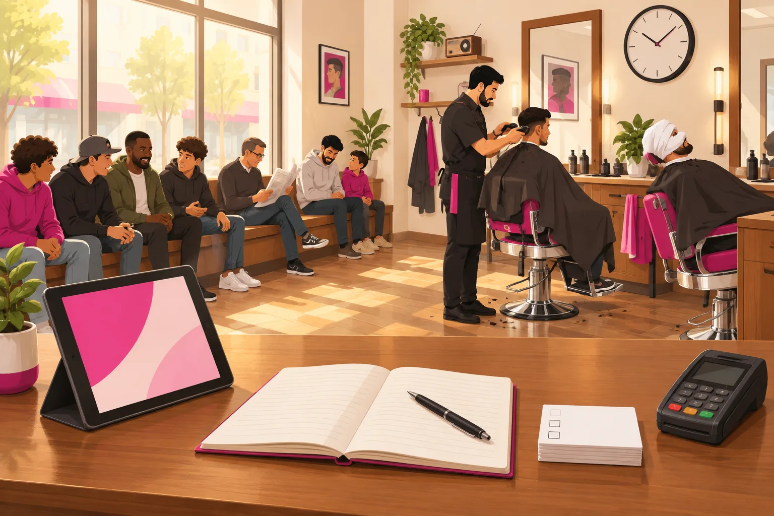 An illustration of a Saturday morning rush in a barbershop seen from behind the front desk: a long wooden bench full of waiting men, teenagers and a father with a young son, a barber mid-cut with clippers, a second chair with a client under a hot towel, a round wall clock, a tablet and an open notebook with a stack of blank checkbox cards beside a card reader on the desk, and a small radio on a shelf