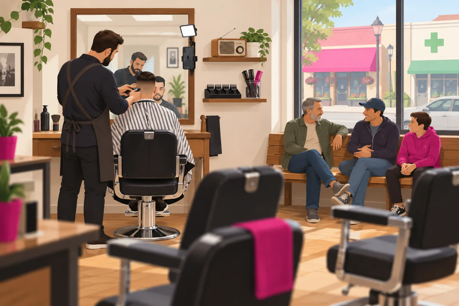 An illustration of the barber chair at the back of a small-town salon: a barber in a dark apron shaping a fade on a caped customer seen from behind in the mirror, a phone clamped to the mirror edge with a clip light, two men and a boy waiting and talking on a wooden bench along the wall, a small radio on a shelf beside clipper guards and a comb jar, and a main street with a pink awning and a pharmacy next door through the front window