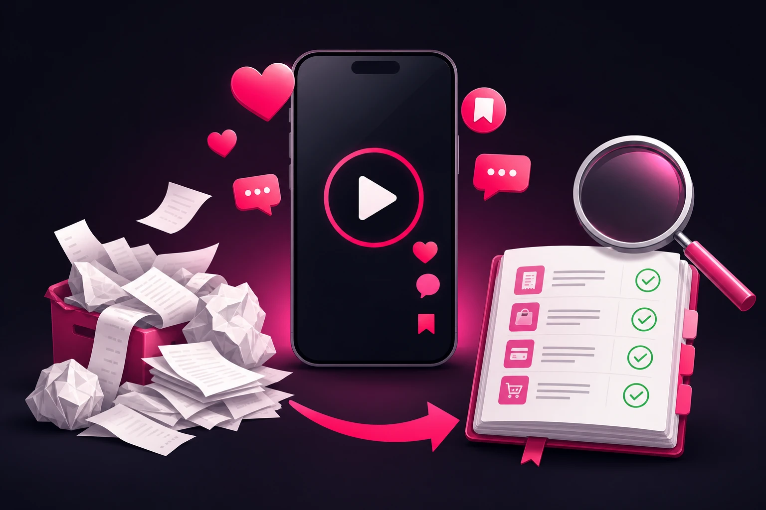 An illustration of a smartphone showing a video play button with hearts, comment bubbles and bookmark icons, a messy pile of crumpled receipts on the left transforming into a neat ledger with green checkmarks on the right under a magnifying glass