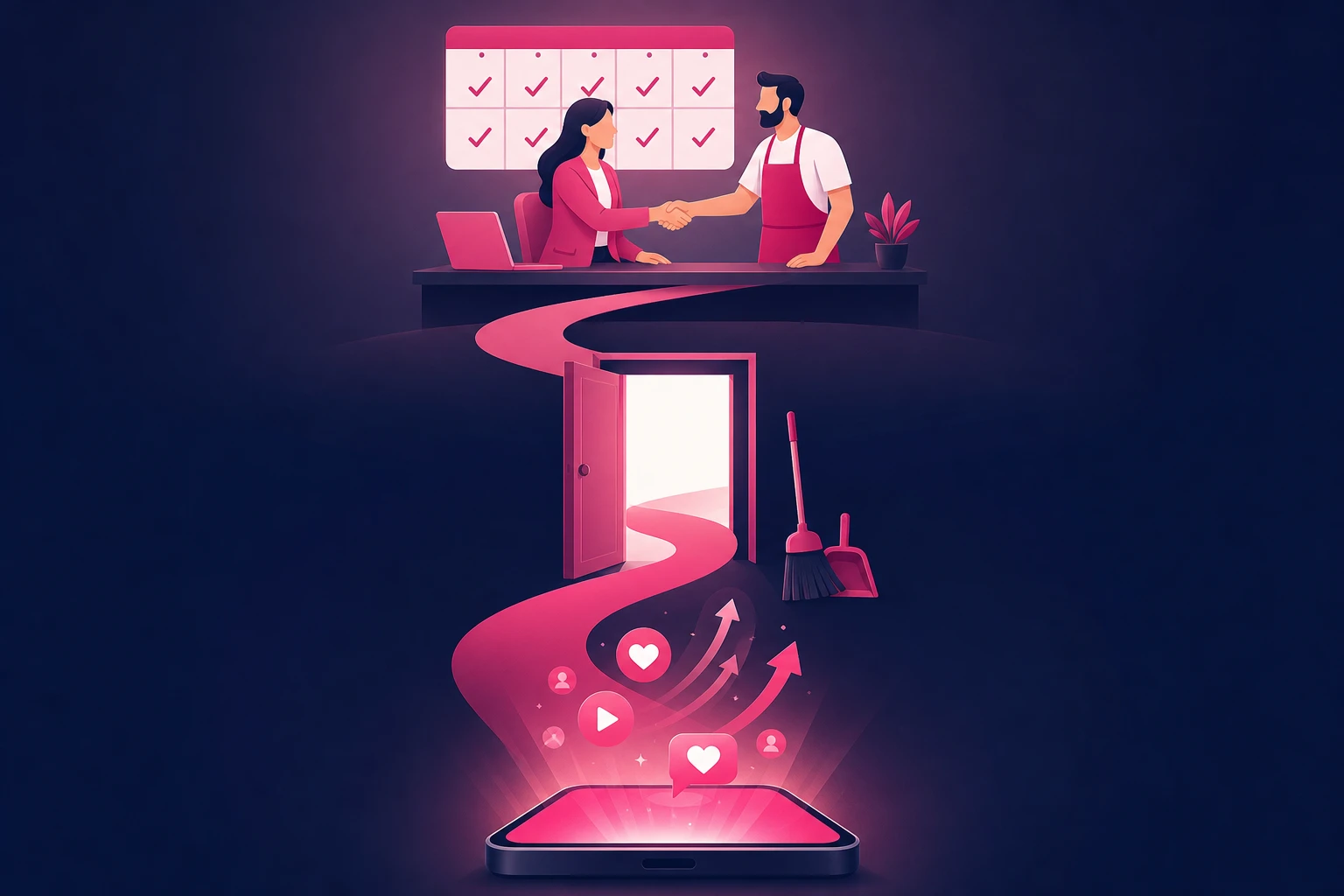 An illustration of a winding pink path rising from a glowing smartphone, through an open doorway beside a broom and dustpan, up to a desk where a bookkeeper shakes hands with a shop owner in an apron under a calendar with a checkmark on every month