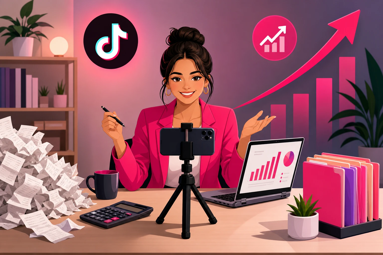 An illustration of a bookkeeper in a pink blazer filming a video with a smartphone on a tripod at a tidy desk, a laptop showing bar charts, a pile of crumpled receipts on one side and neat color-coded folders on the other