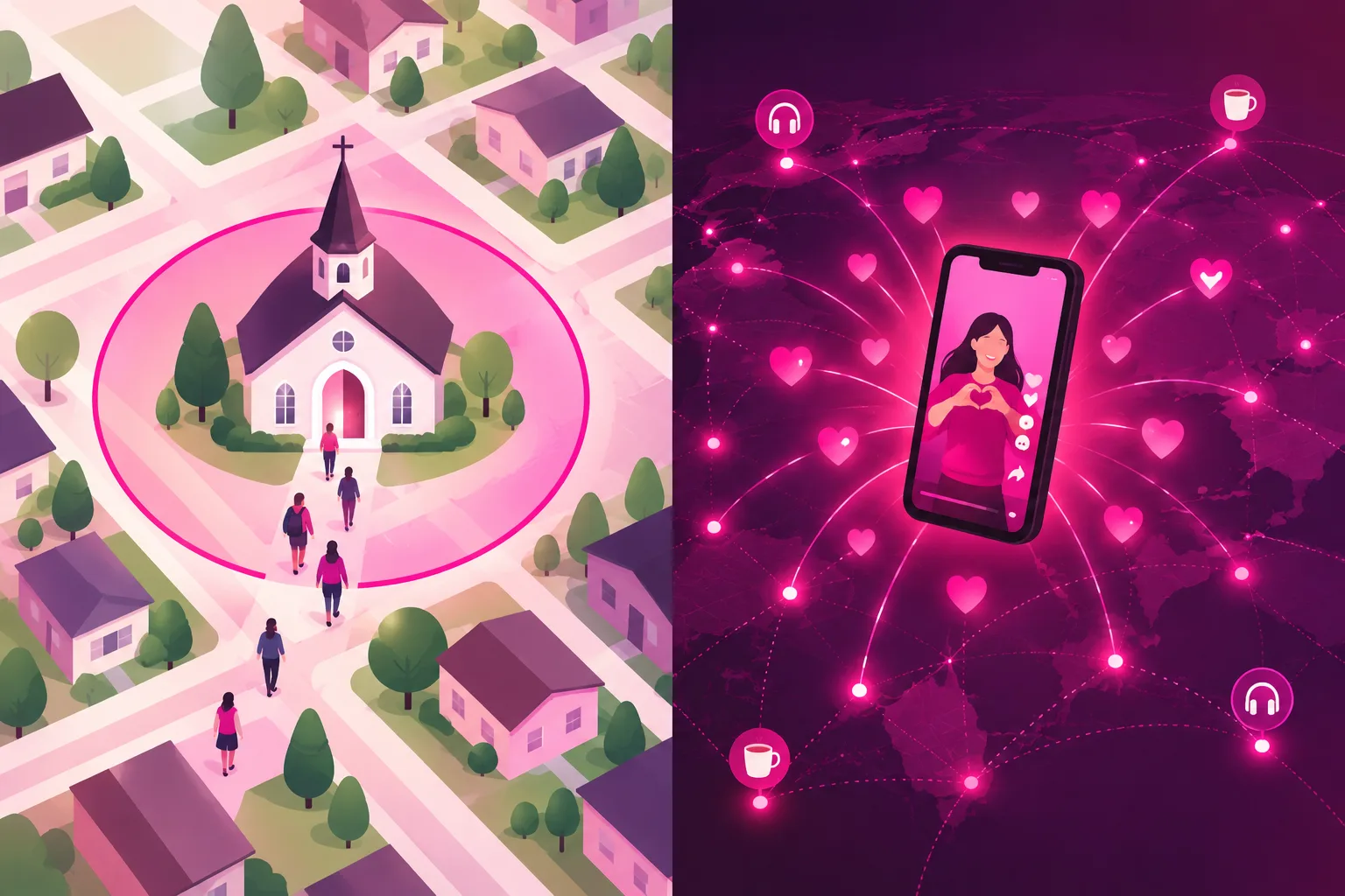 A split illustration: on the left, a small white church with a steeple sits at the center of a neighborhood street map with a soft pink circle drawn around it and small figures walking toward its open doors; on the right, a smartphone showing a smiling woman making a heart shape with her hands radiates pink heart icons outward across a wide glowing network of dots spread over a dark stylized world map