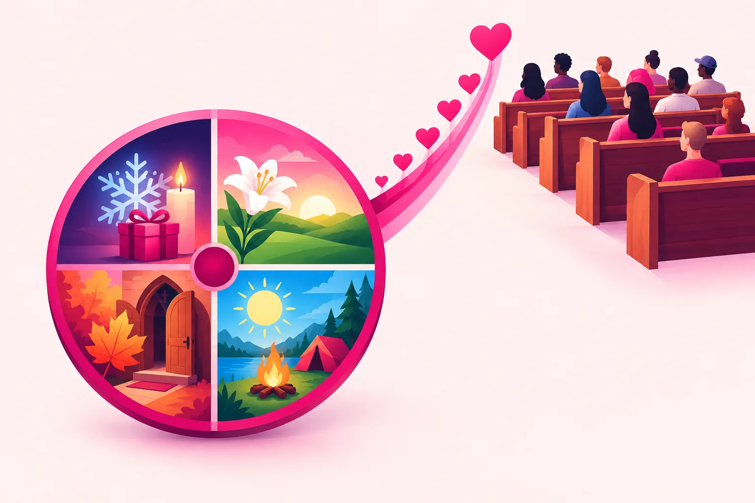 A circular year wheel divided into four seasonal quadrants showing a snowflake beside a lit candle and a wrapped gift for winter, a white lily beside a sunrise over green hills for spring, a sun beside a campfire and a small tent for summer, and an autumn leaf beside an open wooden church door for fall, with a rising curve of pink hearts climbing from the wheel toward rows of wooden pews filled with seated people