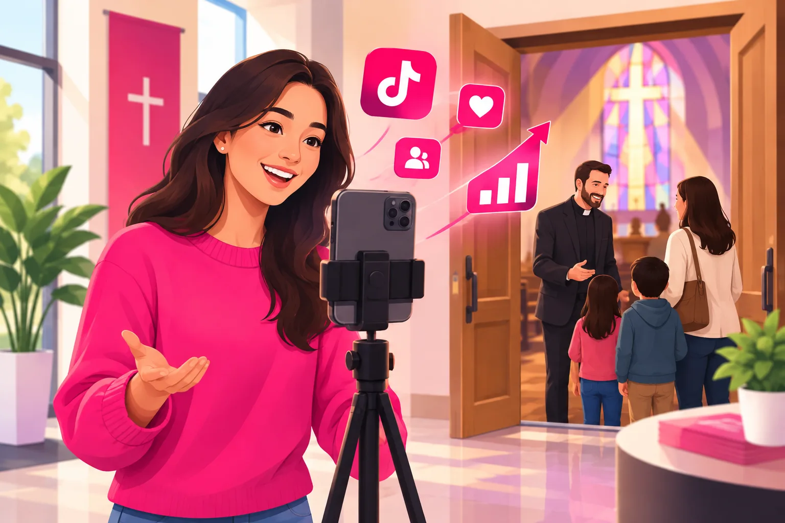 A smiling young volunteer in a pink sweater recording a short vertical video on a smartphone mounted on a tripod in a bright church lobby, with pink heart, follower, and rising-chart icons floating beside the phone, while a friendly pastor greets a family at the open wooden doors of a sanctuary lit by a stained glass window