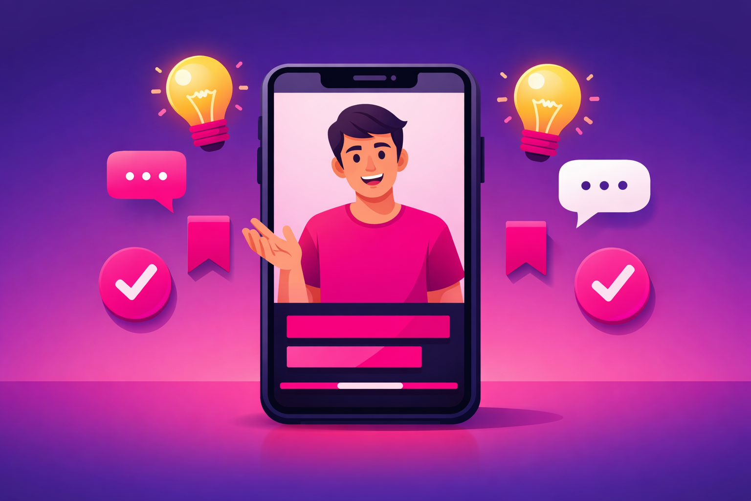 An illustration of a smartphone showing a friendly person mid-explanation with bold caption bars beneath them, surrounded by floating lightbulb, bookmark, checkmark, and speech bubble icons on a purple and magenta gradient background, representing short specific-advice videos