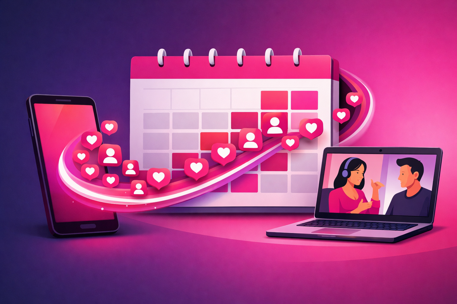 An illustration of heart and follower icons streaming from a smartphone along a glowing curved path into a large calendar with booked appointment slots highlighted in pink, beside a laptop showing a video call between a coach and a client on a magenta gradient background
