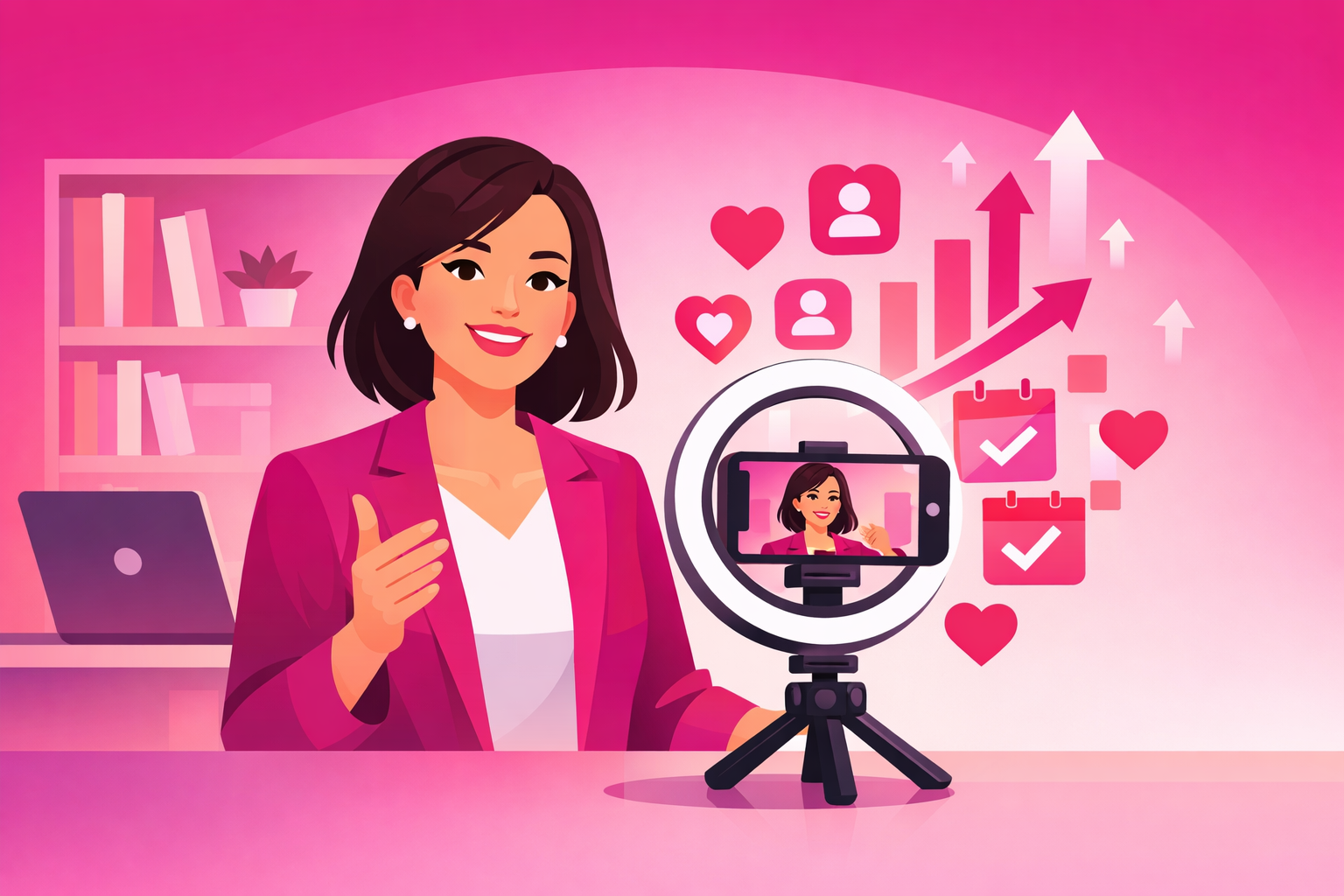 A smiling professional coach in a magenta blazer recording a video on a smartphone mounted in a ring light on a tripod in a bright home office, with hearts, follower icons, booked-calendar checkmarks, and growth arrows rising beside the phone on a pink gradient background