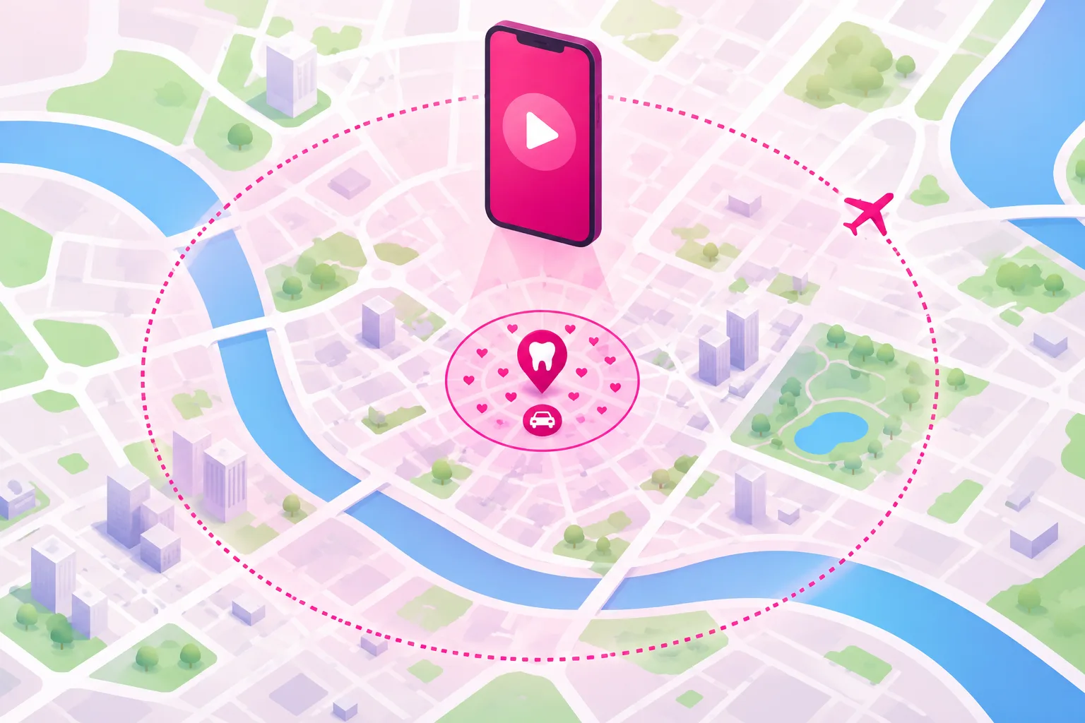 A stylized city map seen from above with a dental office marked by a tooth icon at the center, a small pink circle drawn tightly around it filled with tiny hearts and a car icon, a much larger dotted circle extending across the region with an airplane icon at its edge, and a vertical phone with a play button floating above, illustrating a dental practice's two audience radii
