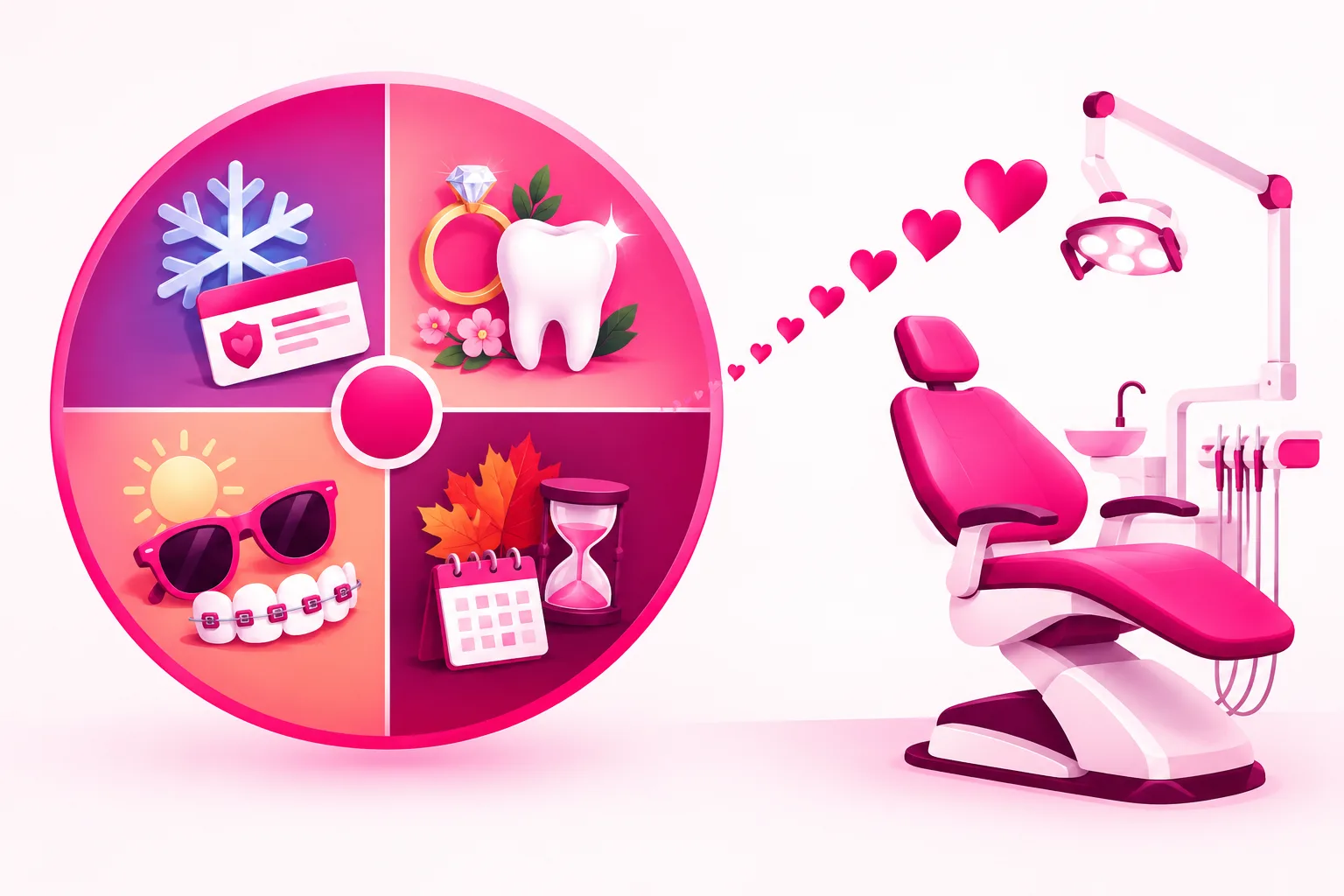 A circular year-wheel divided into four seasonal quadrants showing a snowflake and an insurance card for winter, a wedding ring beside a sparkling tooth for spring, sunglasses beside a set of braces for summer, and an autumn leaf beside an hourglass and calendar for fall, with a rising curve of pink hearts climbing toward a modern dental chair