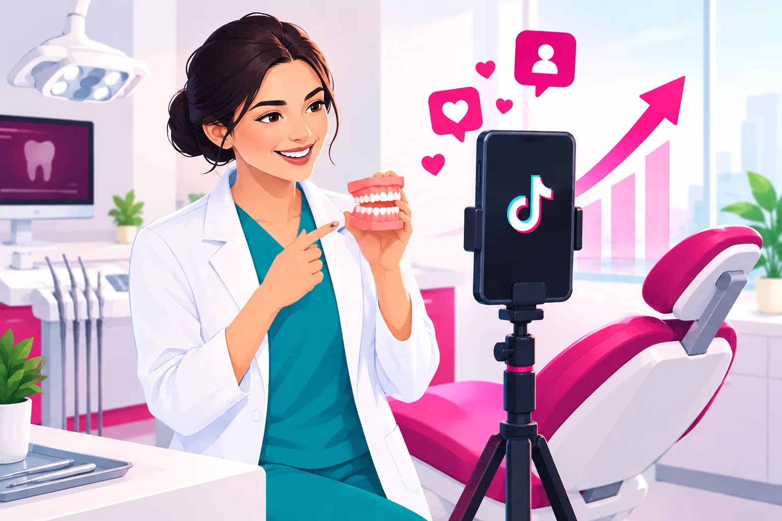 A smiling dentist in teal scrubs and a white coat in a bright modern operatory, pointing at a model set of teeth while recording a short vertical video on a smartphone mounted on a tripod, with pink heart and follower icons and a rising chart floating beside the phone