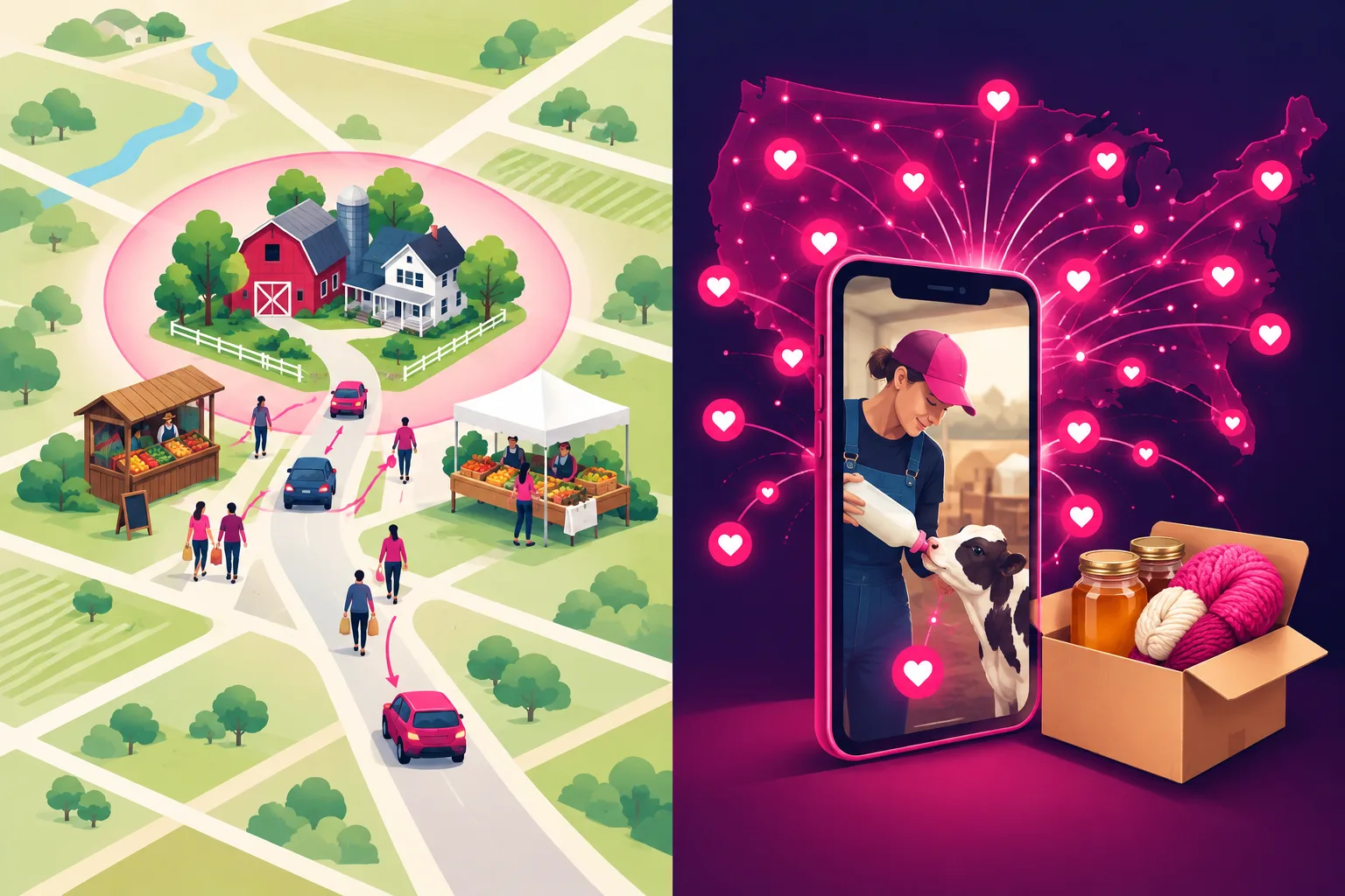 A split illustration: on the left, a small red barn and farmhouse sit at the center of a county road map with a soft pink circle drawn around them and tiny cars and walking figures heading toward a wooden farm stand and a white farmers market tent; on the right, a smartphone showing a farmer bottle-feeding a calf radiates pink heart icons across a glowing network of dots spread over a dark stylized map of the United States, with an open cardboard shipping box of honey jars and a skein of wool beside the phone