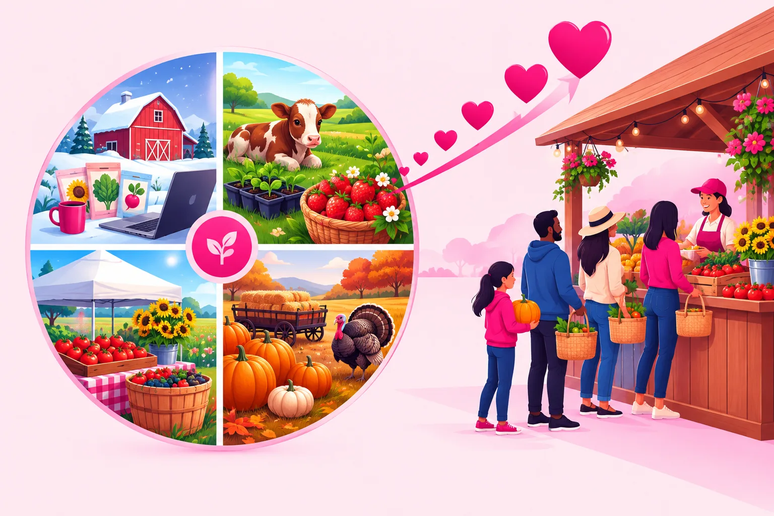 A circular year wheel divided into four seasonal quadrants showing seed packets, a snow-dusted red barn and a laptop for winter, green seedlings, a newborn calf and a basket of strawberries for spring, a white farmers market tent with tomatoes, sunflowers and a u-pick basket for summer, and a pile of pumpkins, a hay wagon and a turkey for fall, with a rising curve of pink hearts climbing from the wheel toward a wooden farm stand where a line of customers waits with baskets and a child holds a pumpkin