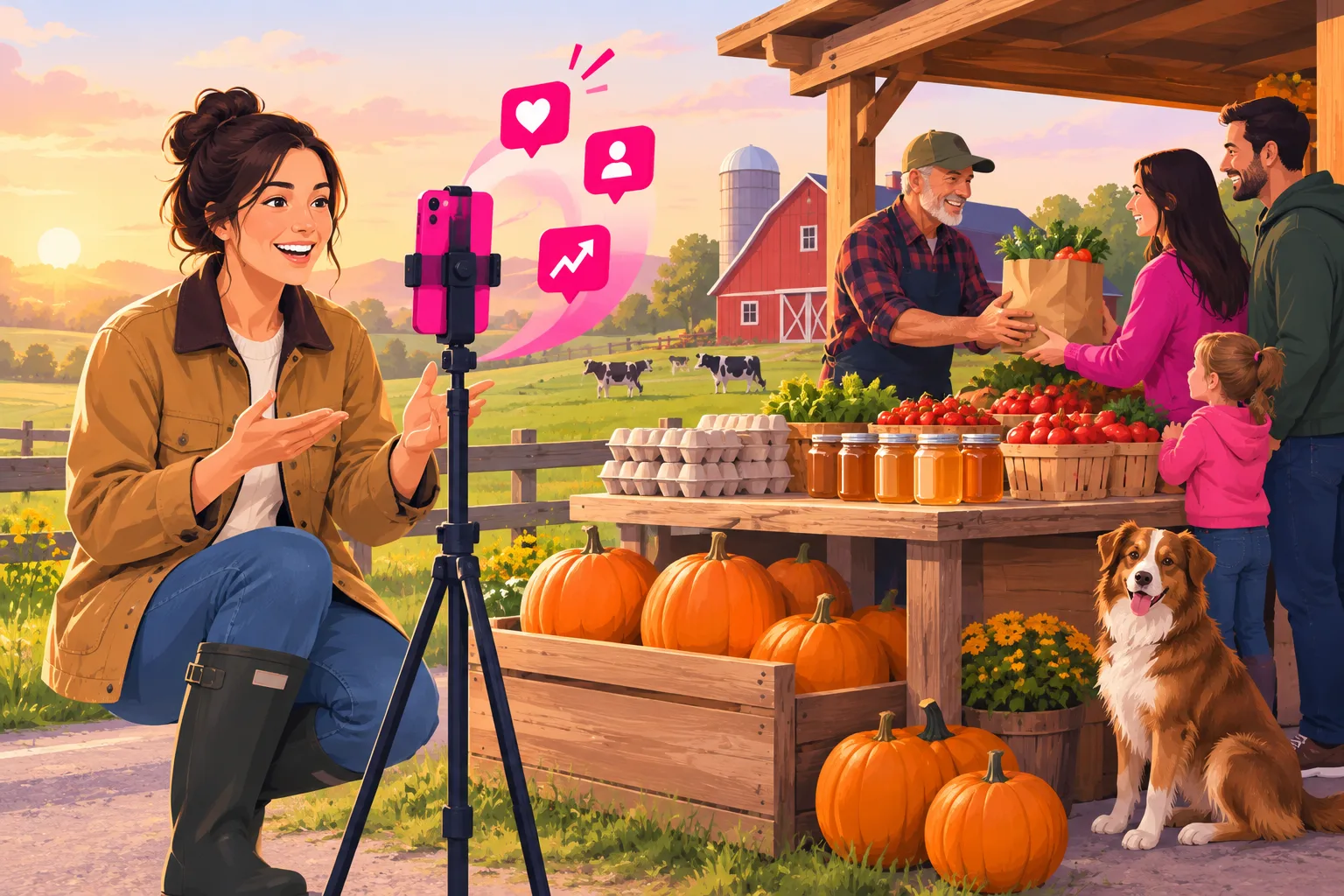 A smiling young woman farmer in a canvas work jacket recording a short vertical video on a smartphone mounted on a tripod beside a wooden roadside farm stand stacked with pumpkins, egg cartons, honey jars and tomatoes, with pink heart, follower and rising-chart icons floating beside the phone, while an older farmer in a cap hands a paper bag of produce to a young family with a small child in front of a red barn and a pasture with cows at sunrise