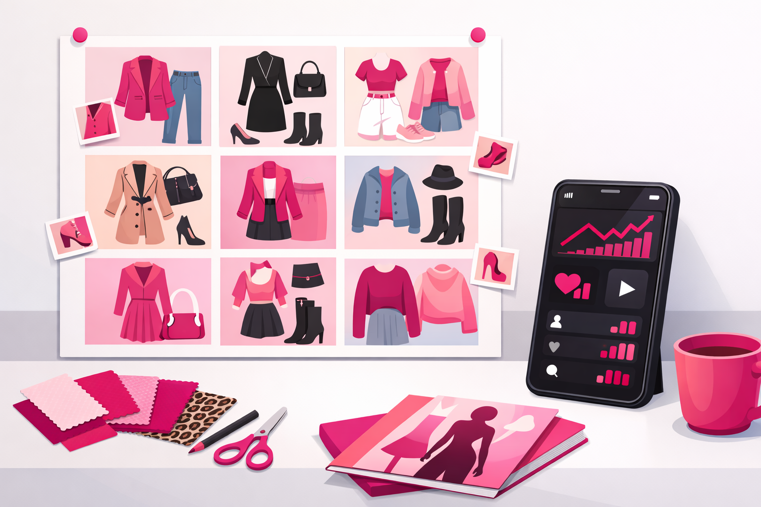 A fashion creator's content planning workspace with a mood board showing outfit combinations and a phone displaying TikTok analytics