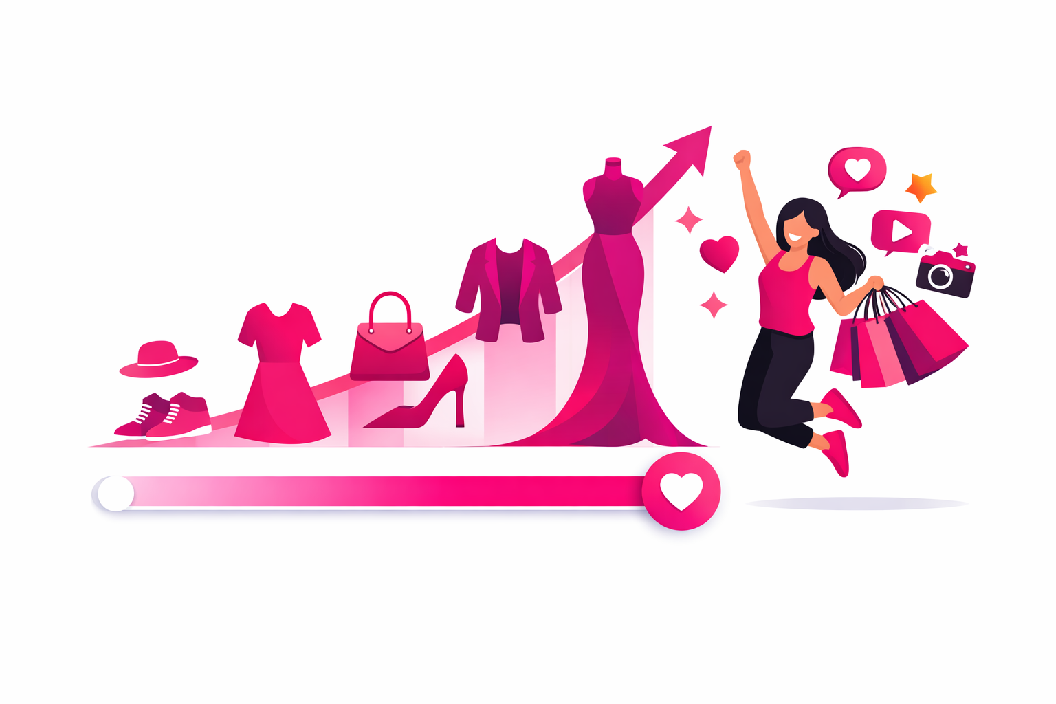 Fashion creator growth journey showing a progress bar from zero to 100K followers with outfit silhouettes trending upward